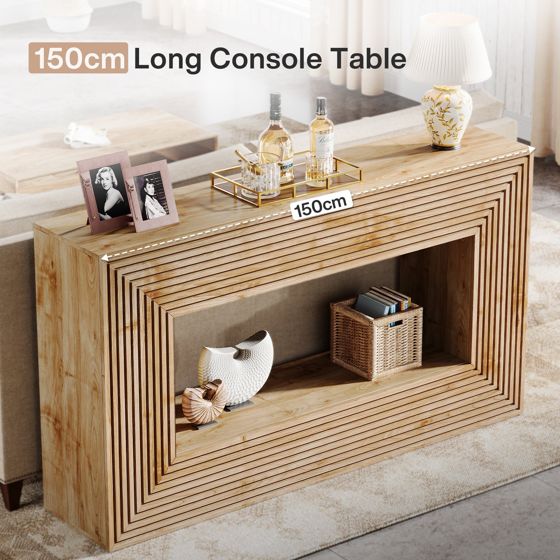150cm Fluted Farmhouse Console Table with Storage Shelf, Rectangular Wood Sofa Table