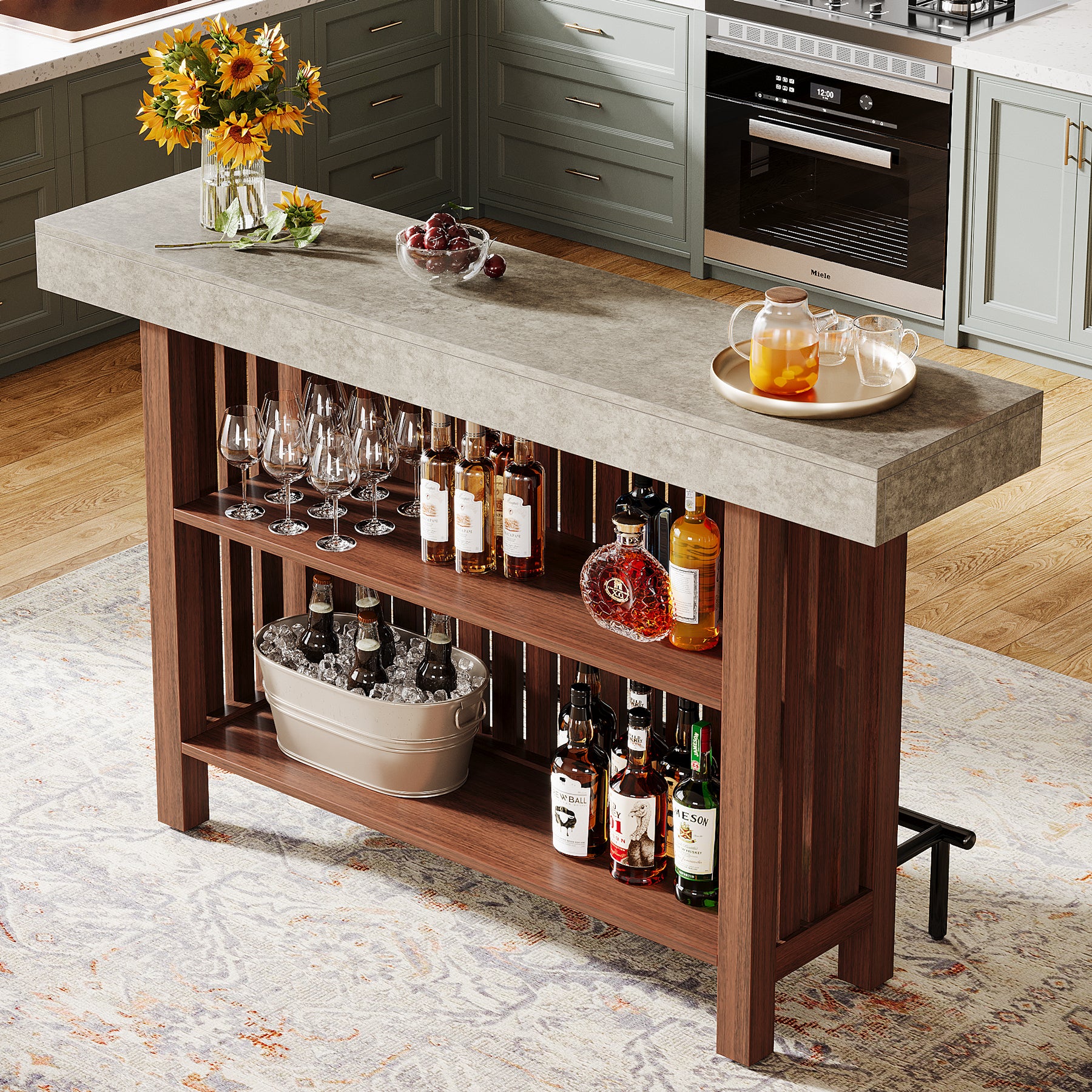 160cm Counter Height Bar Table with Footrest, 2-Tier Storage Pub Table for Kitchen and Living Room
