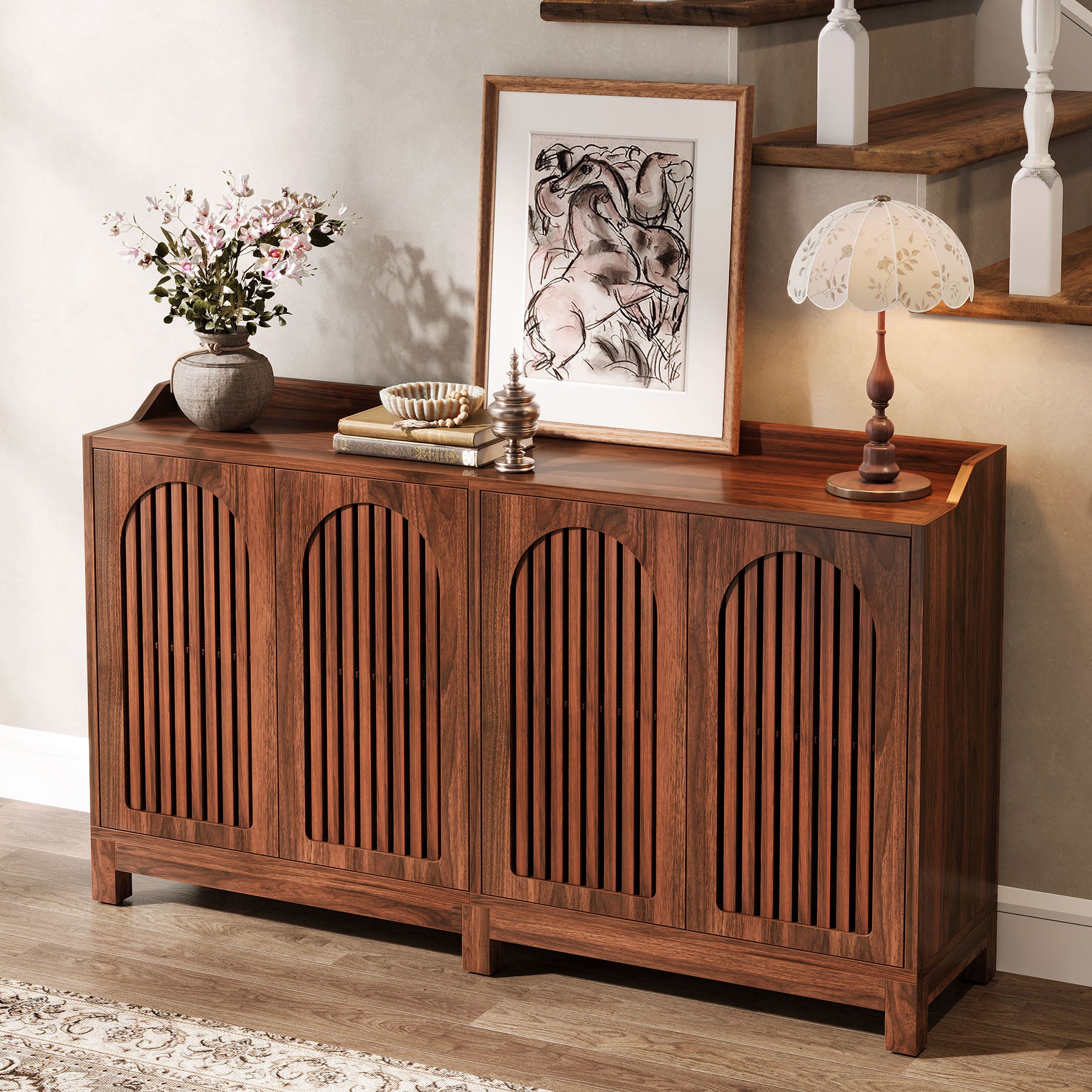 145cm Farmhouse Sideboard Buffet Cabinet with Shutter Doors, Freestanding Storage Cabinet for Kitchen & Dining Room