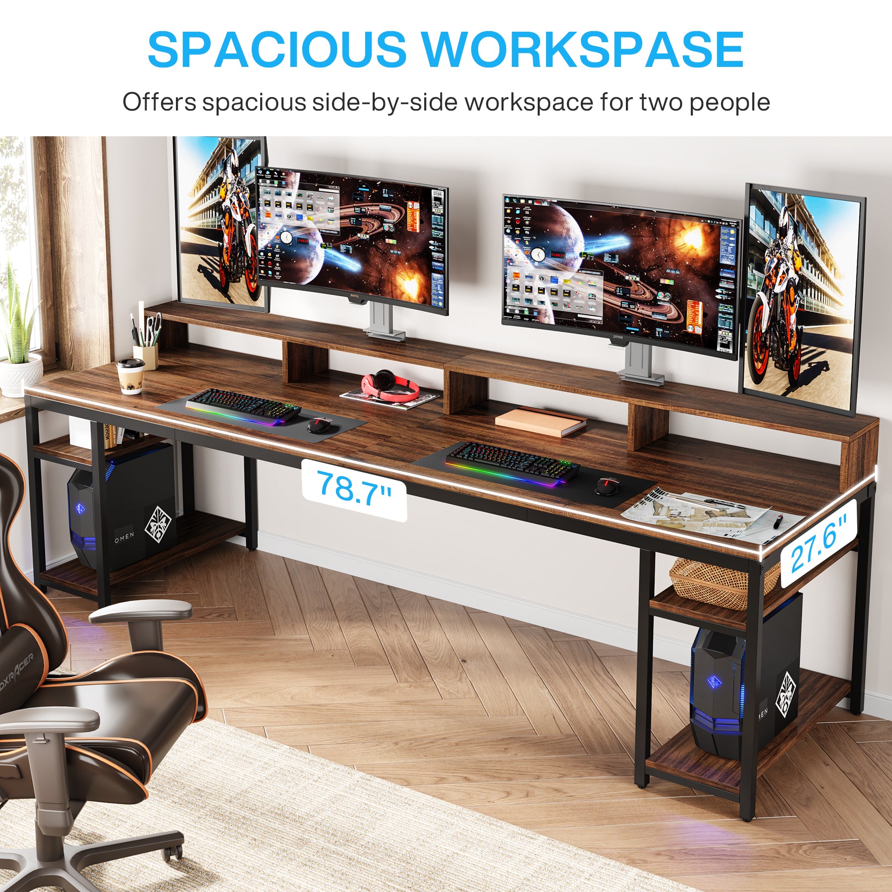 200 cm Two-Person Desk, Long Computer Desk with Monitor Stand and Storage Shelves