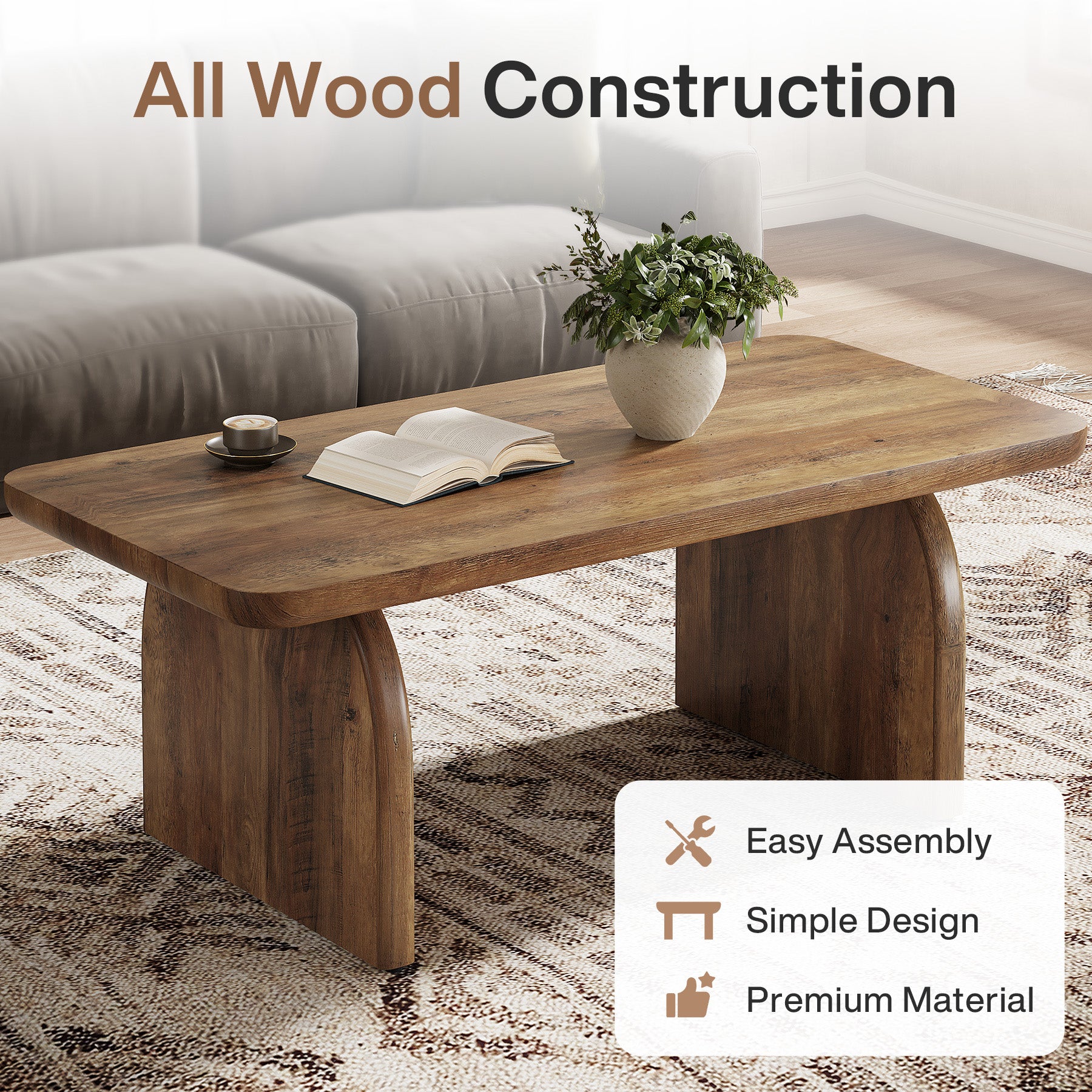 120cm Farmhouse Coffee Table, Rectangular Wooden Centre Table with Rounded Corners