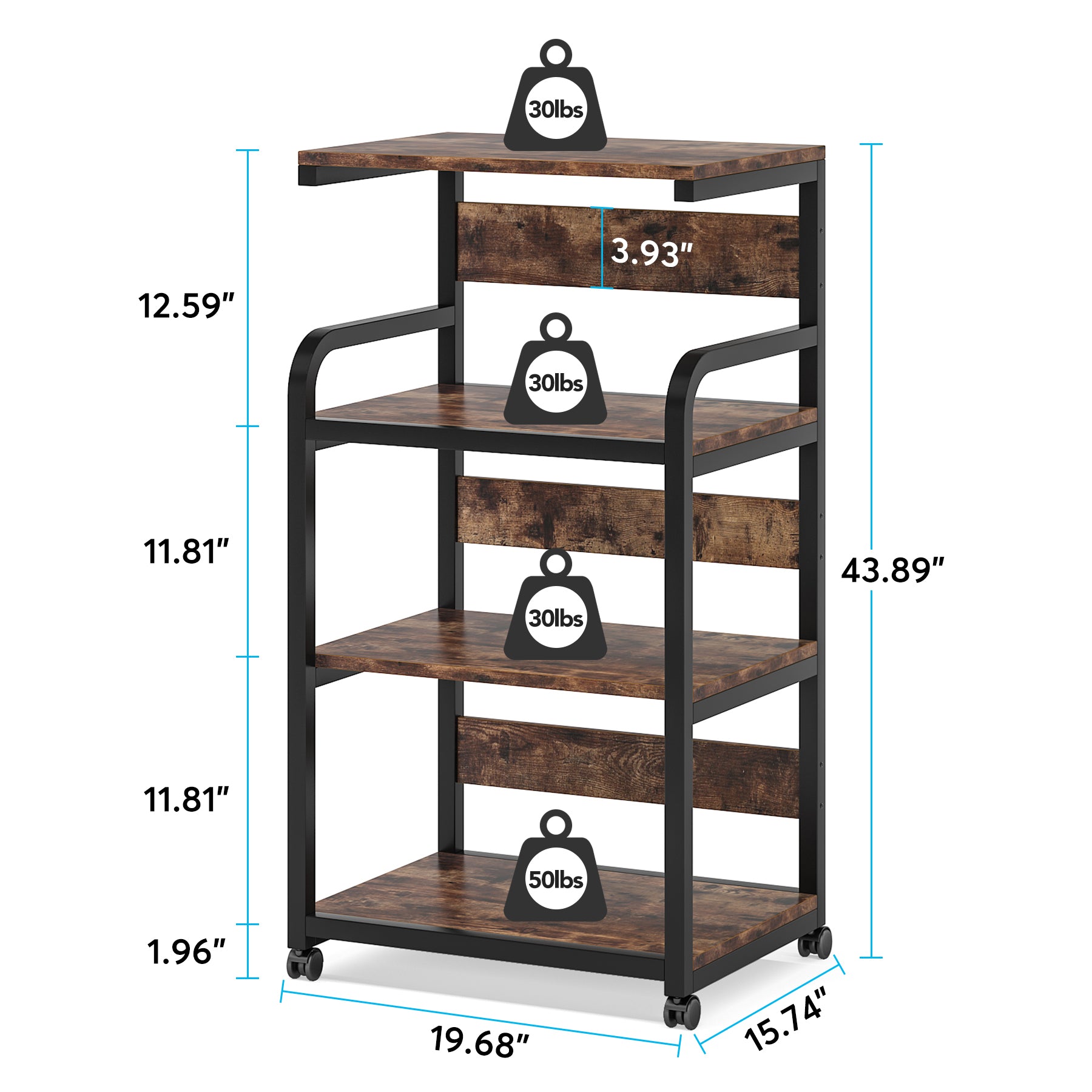 4-Tier Large Printer Stand with Storage Shelves, Mobile Storage Cart with Wheels