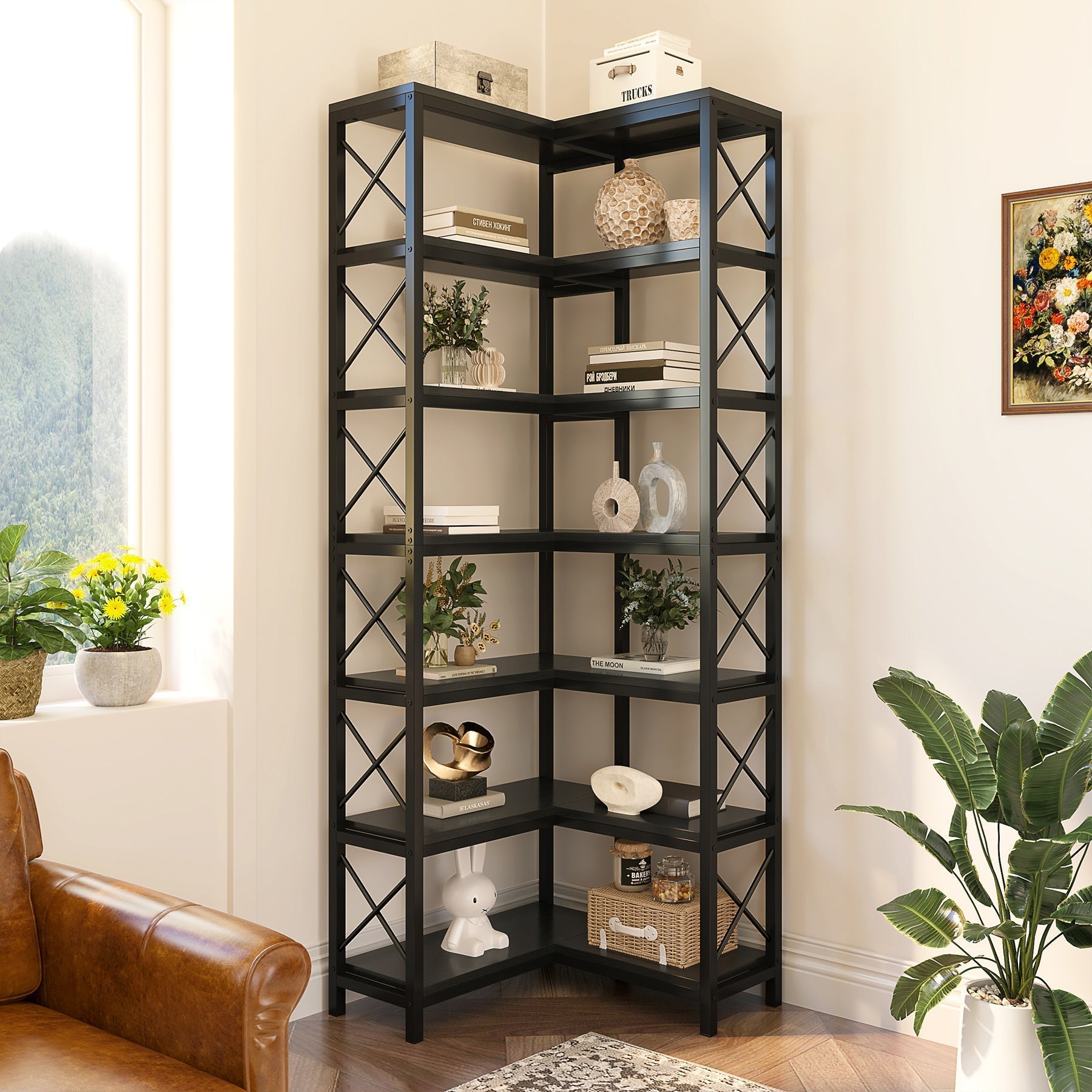 7-Tier Corner Bookshelf Corner Bookcase Storage Display Rack Tribesigns