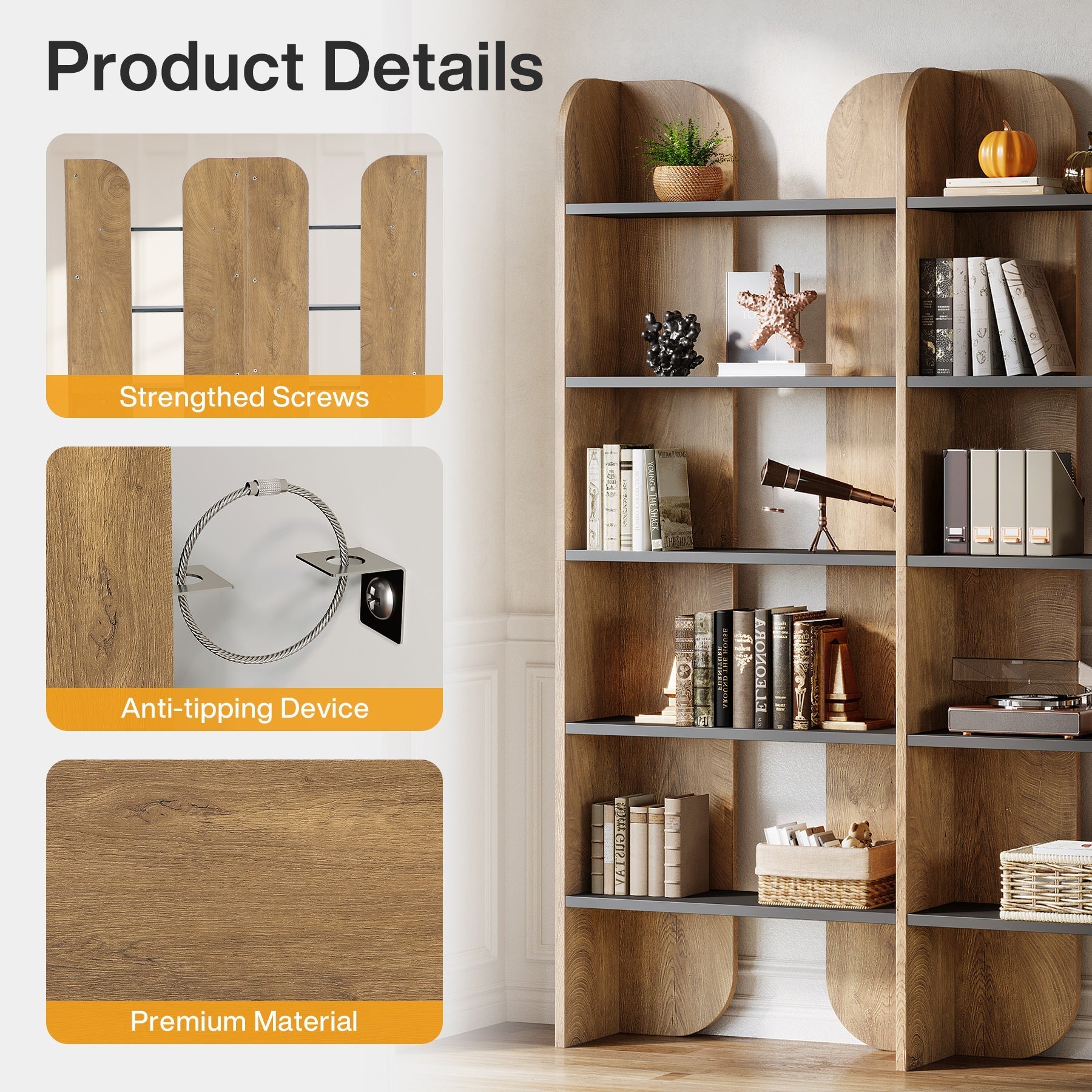 180cm Tall Double-Wide Bookshelf, 5-Tier Open Display Shelf in Farmhouse Style