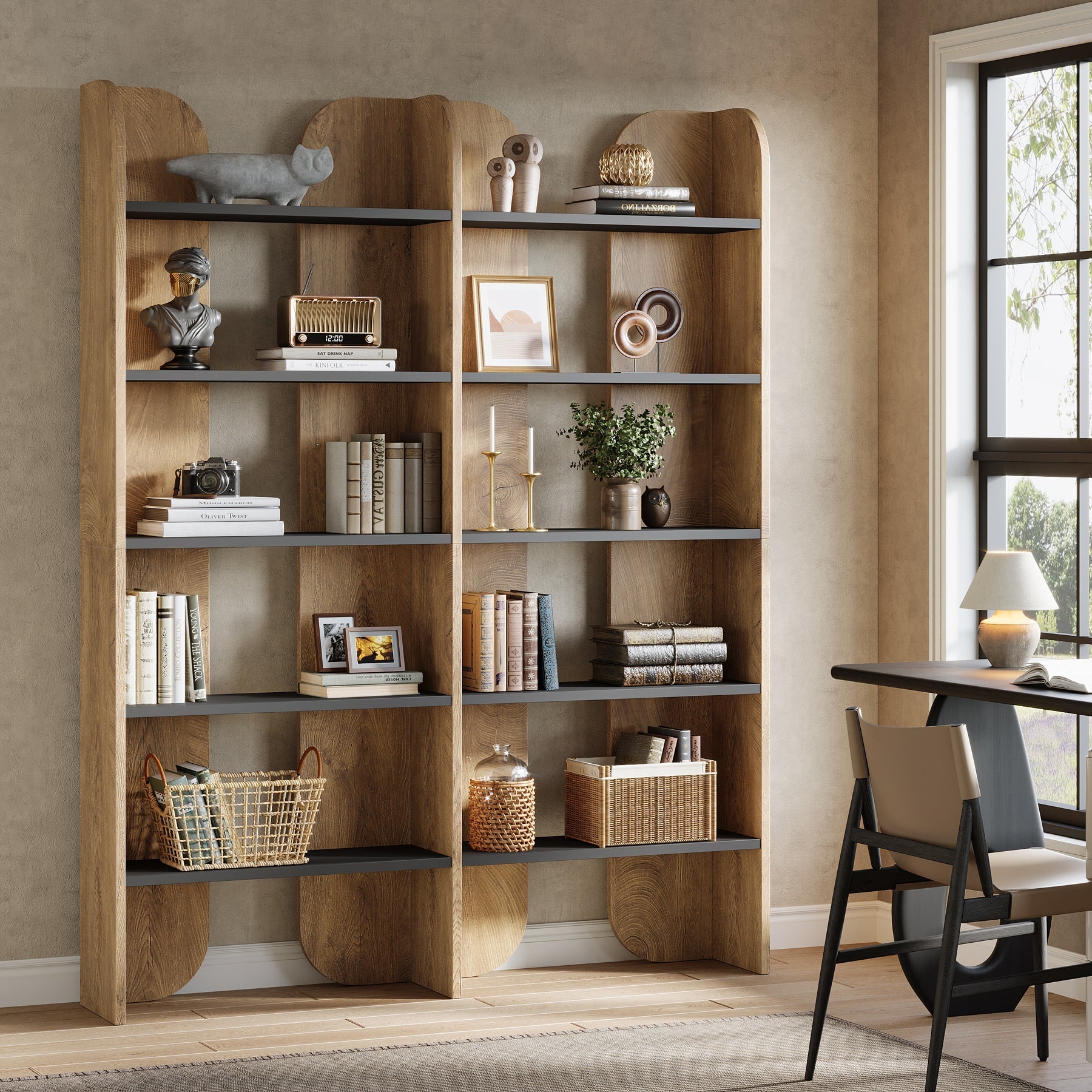180cm Tall Double-Wide Bookshelf, 5-Tier Open Display Shelf in Farmhouse Style