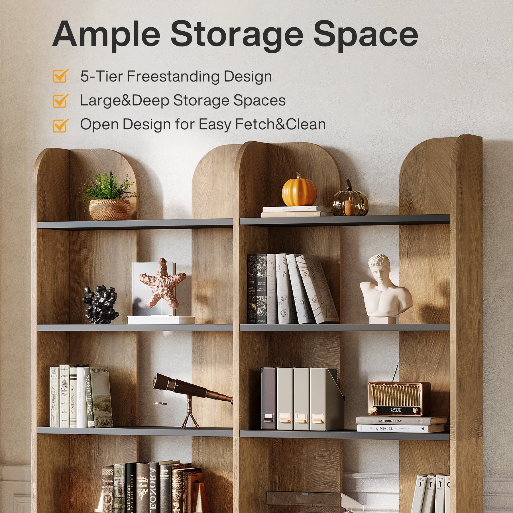 180cm Tall Double-Wide Bookshelf, 5-Tier Open Display Shelf in Farmhouse Style