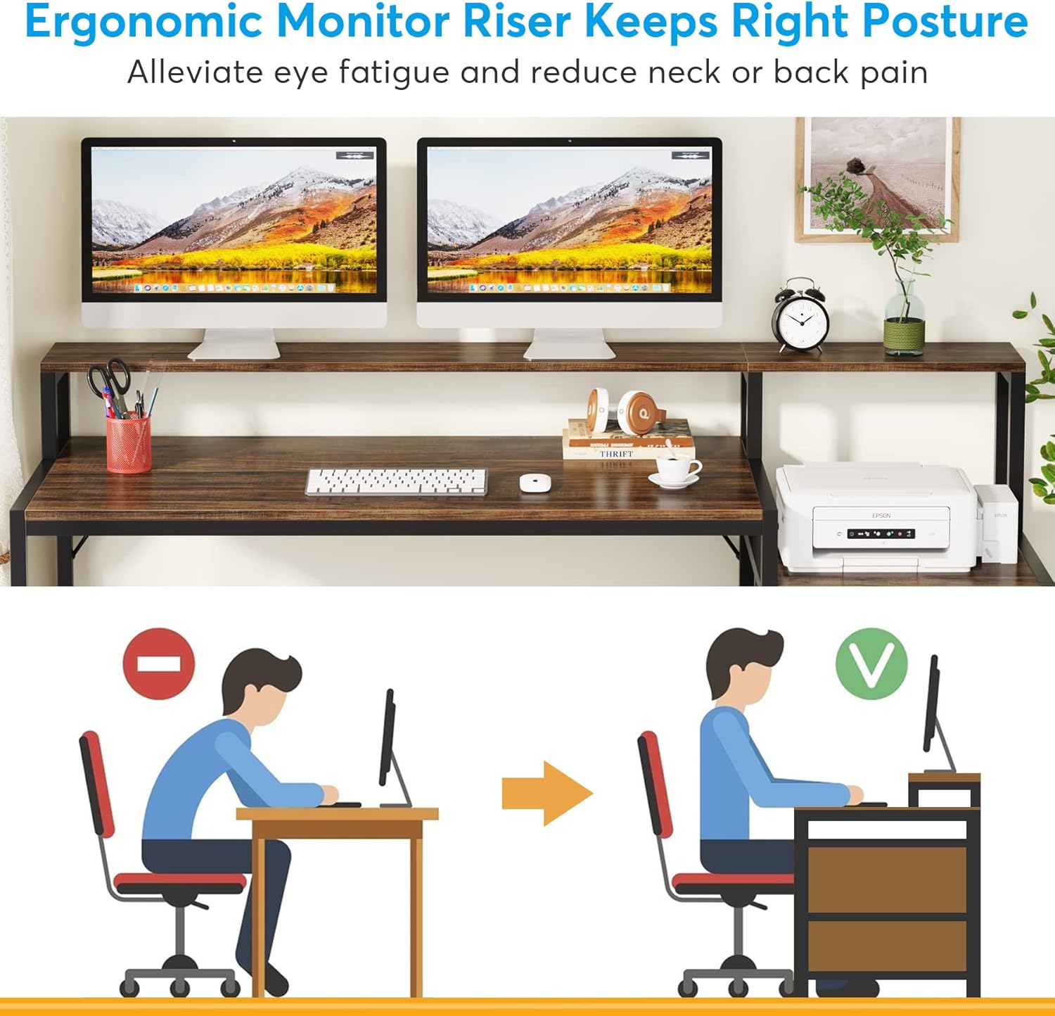 160 CM Computer Desk, Office Desk with Monitor Stand and File Drawer Cabinet