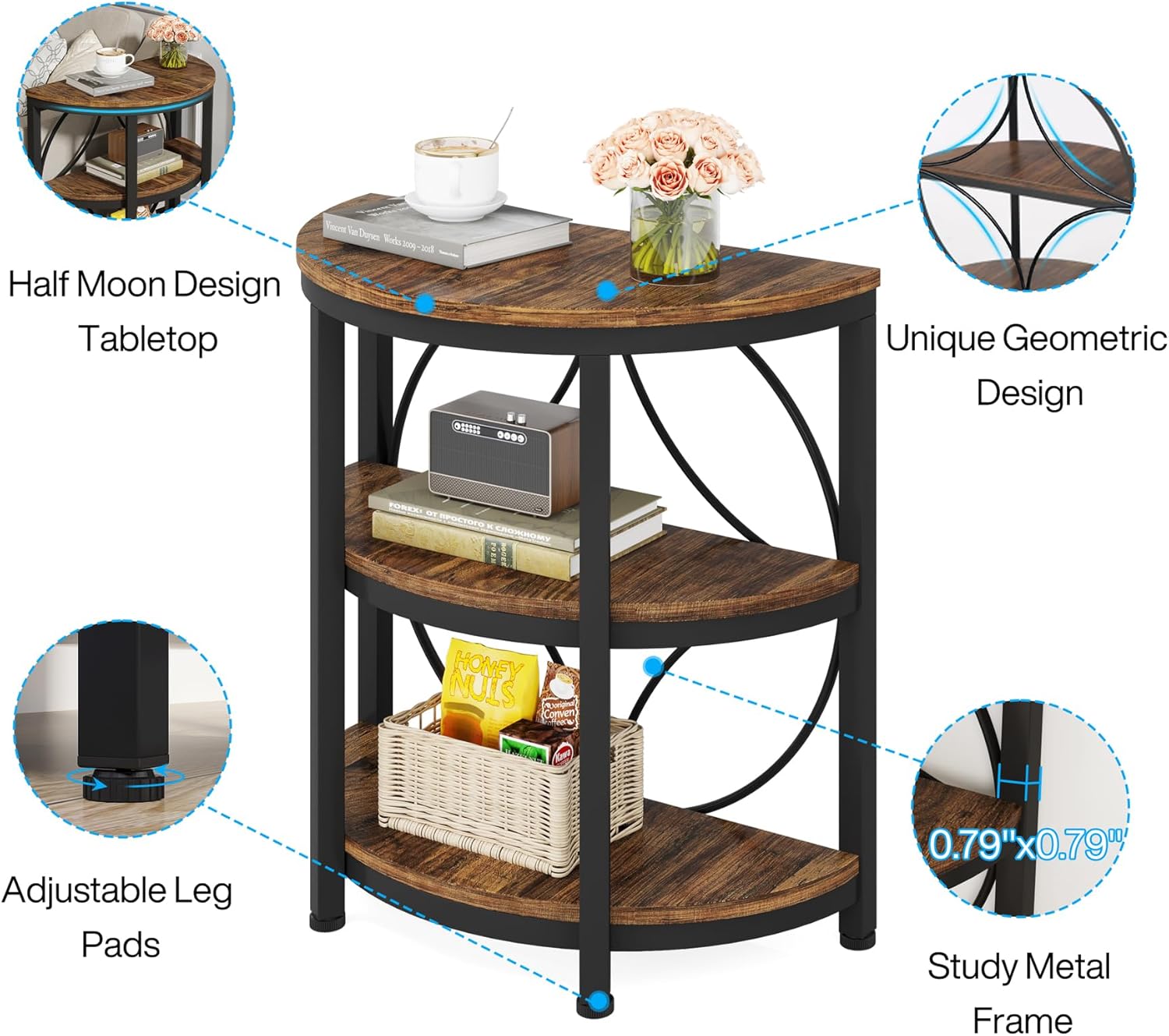 60CM End Table, 3-Tier Half Round Side Table with Storage Shelves