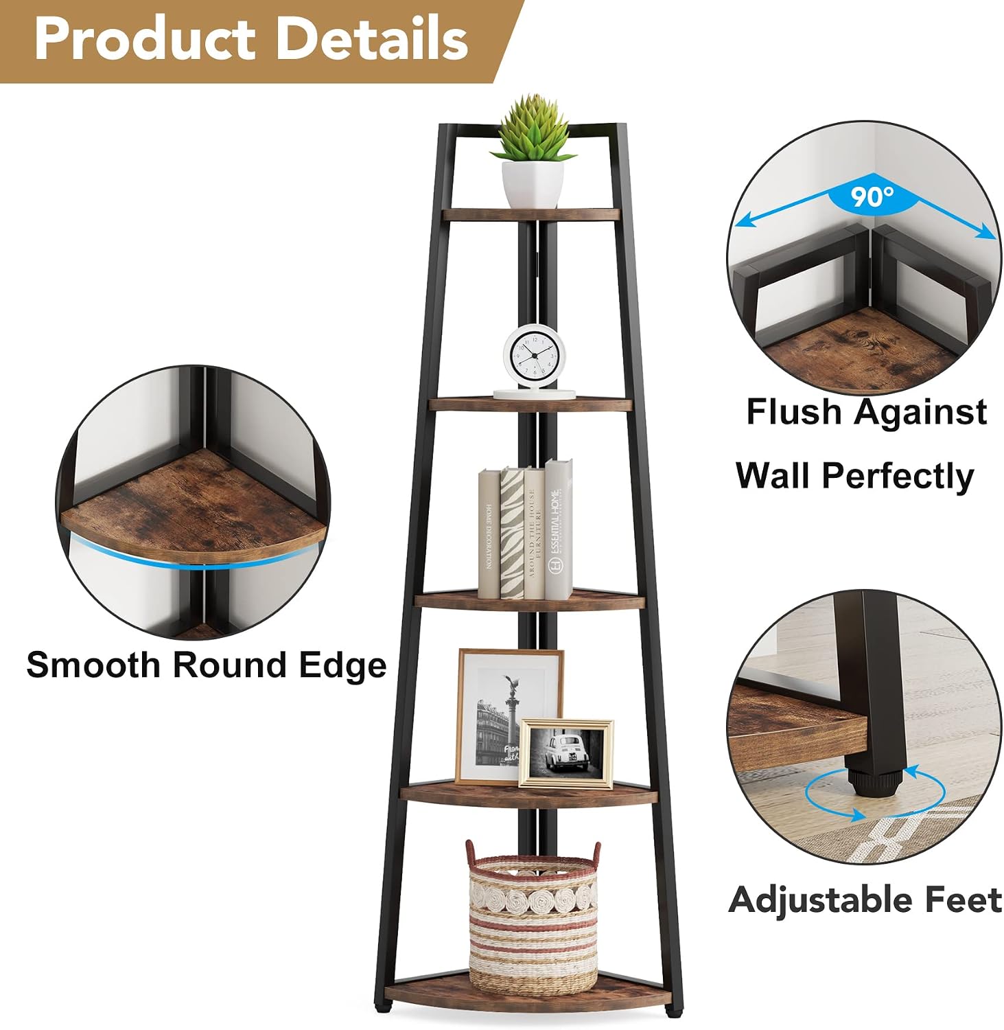 178cm Tall Corner Shelf, 5 Tier Industrial Corner Bookshelf for Living Room, Home Office