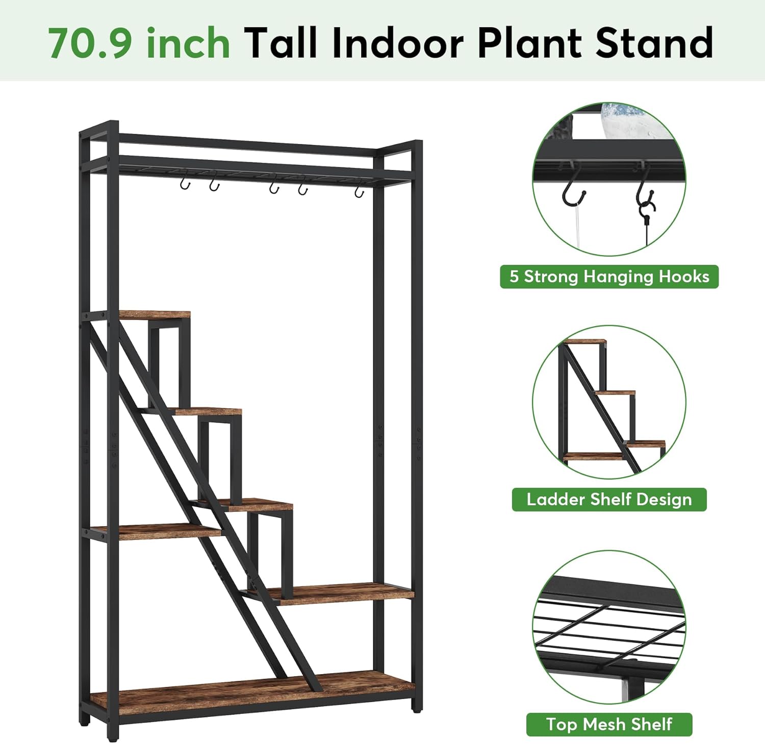 180cm Plant Stand, 7-Tier Display Rack Plant Shelf with 5 S-Hooks
