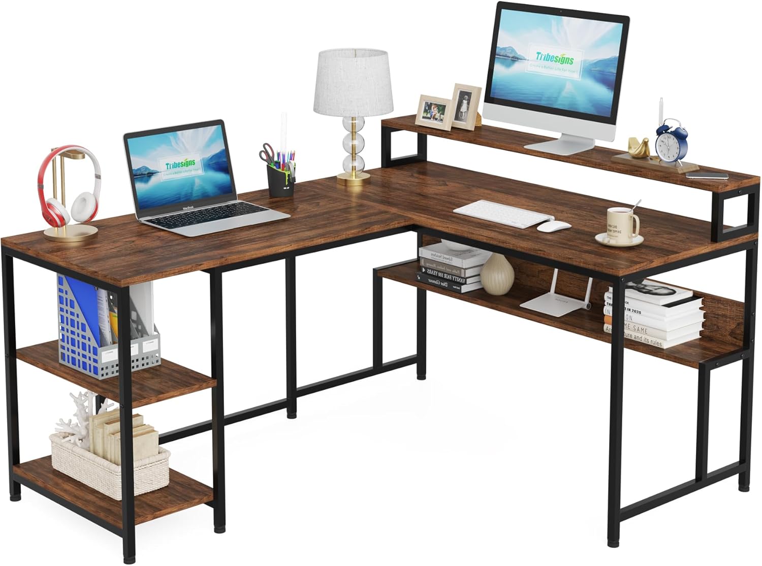 150cm L-Shape Reversible Corner Desk with Monitor Stand & 2-Tier Shelves, Home Office Desk with Storage
