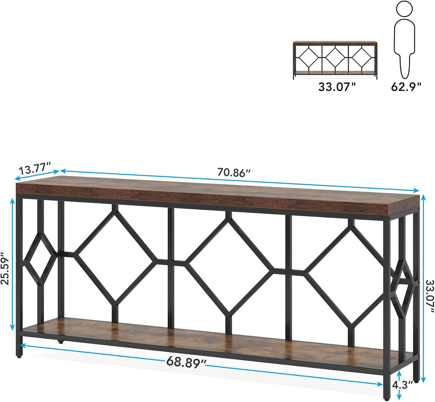 180cm Console Table, Industrial Sofa Table Hallway Table with Open Storage Shelf