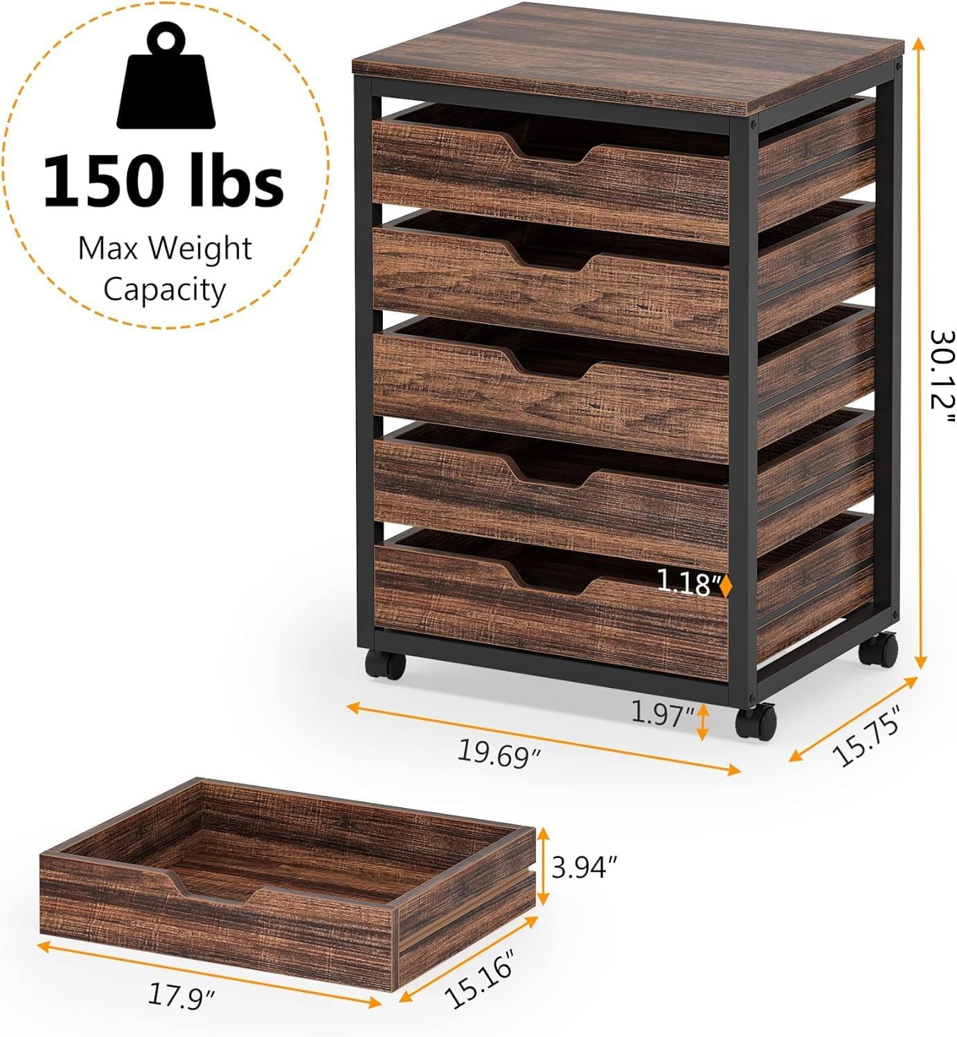 5-Drawer Chest, Industrial Storage Drawer Dresser Cabinet with Wheels