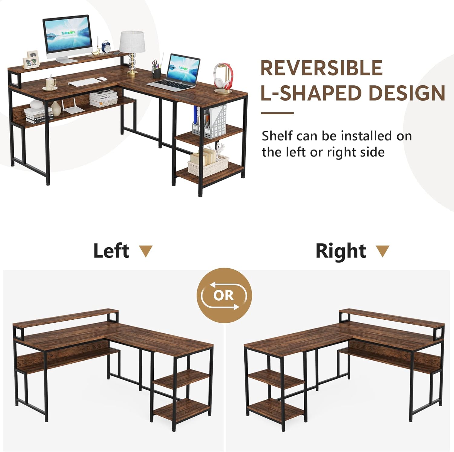 150cm L-Shape Reversible Corner Desk with Monitor Stand & 2-Tier Shelves, Home Office Desk with Storage