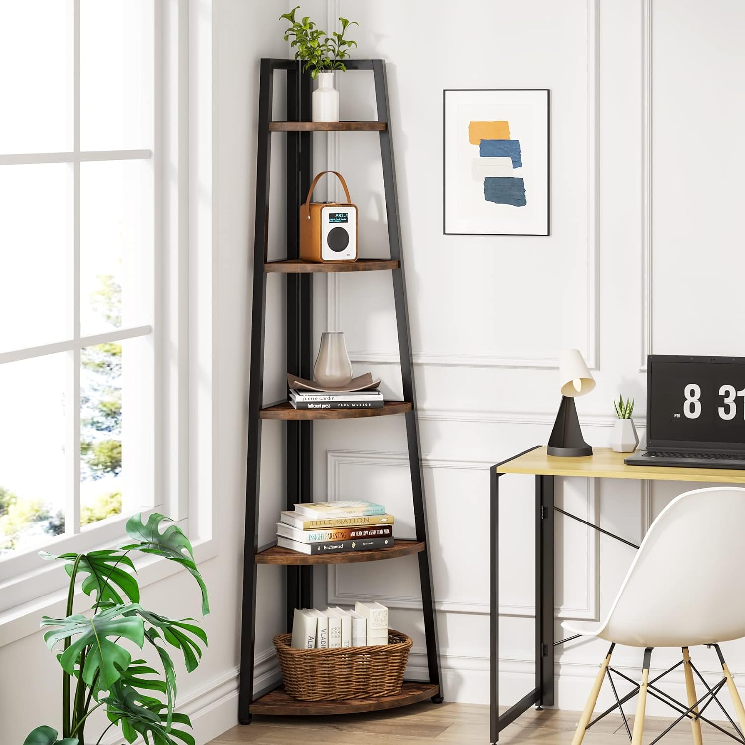 178cm Tall Corner Shelf, 5 Tier Industrial Corner Bookshelf for Living Room, Home Office