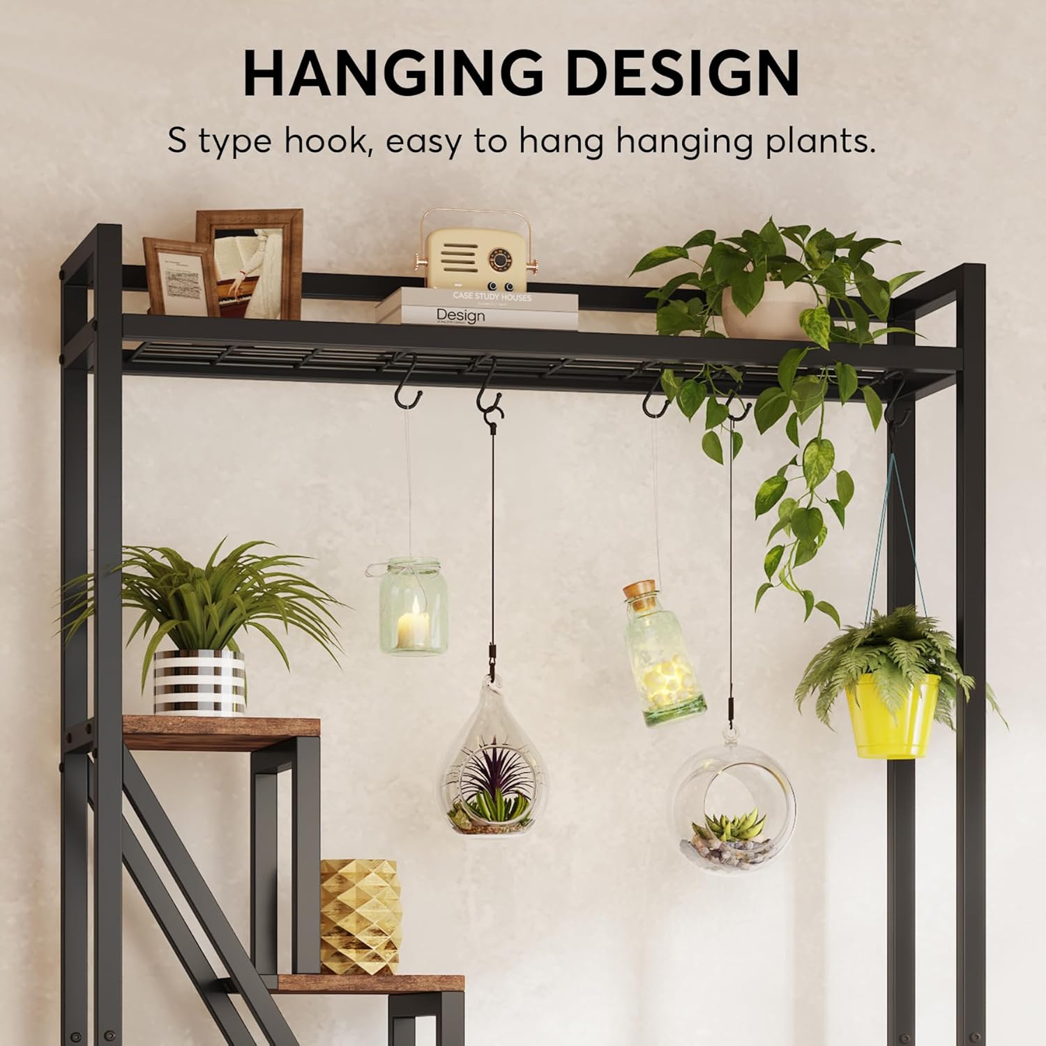 180cm Plant Stand, 7-Tier Display Rack Plant Shelf with 5 S-Hooks