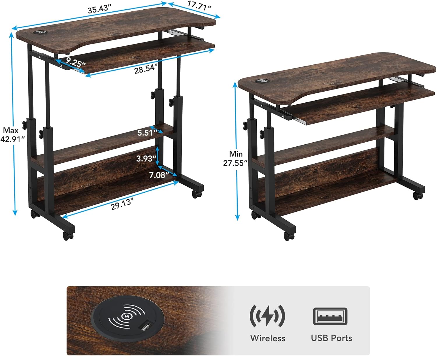 90 cm Portable Desk, Height Adjustable Side Table with Power Outlets