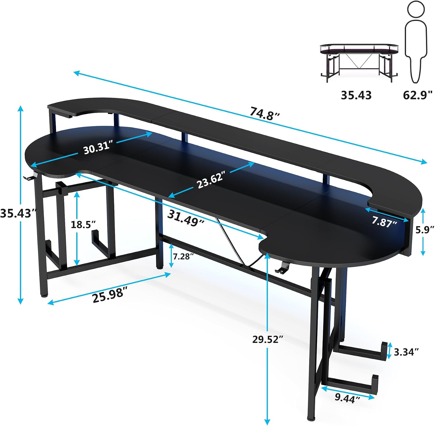 190cm Gaming Desk Computer Desk with LED Strip & Monitor Shelf