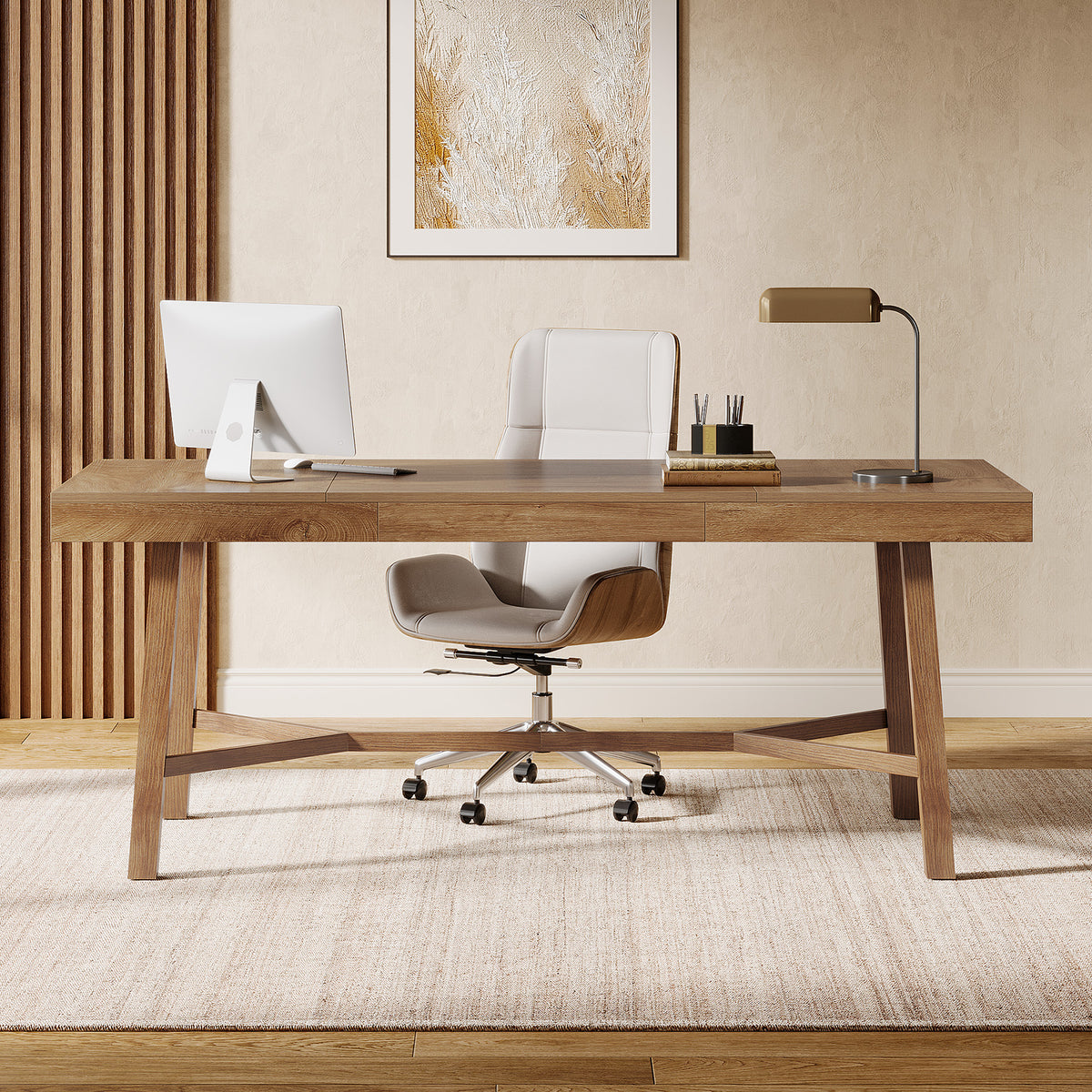 180 cm Large Office Desk, Farmhouse Workstation with Metal Legs