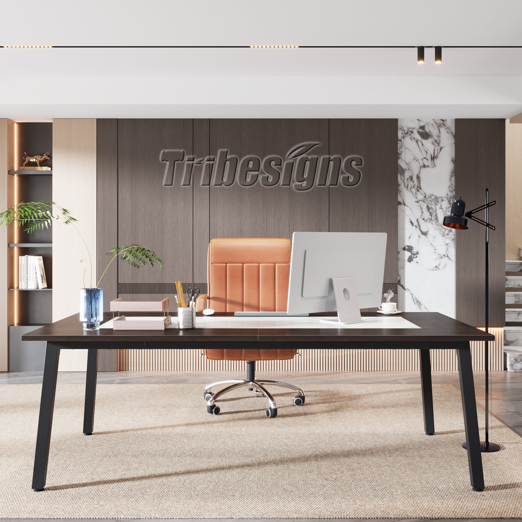 79" Conference Table, Rectangular Executive Desk with Metal Frame Tribesigns
