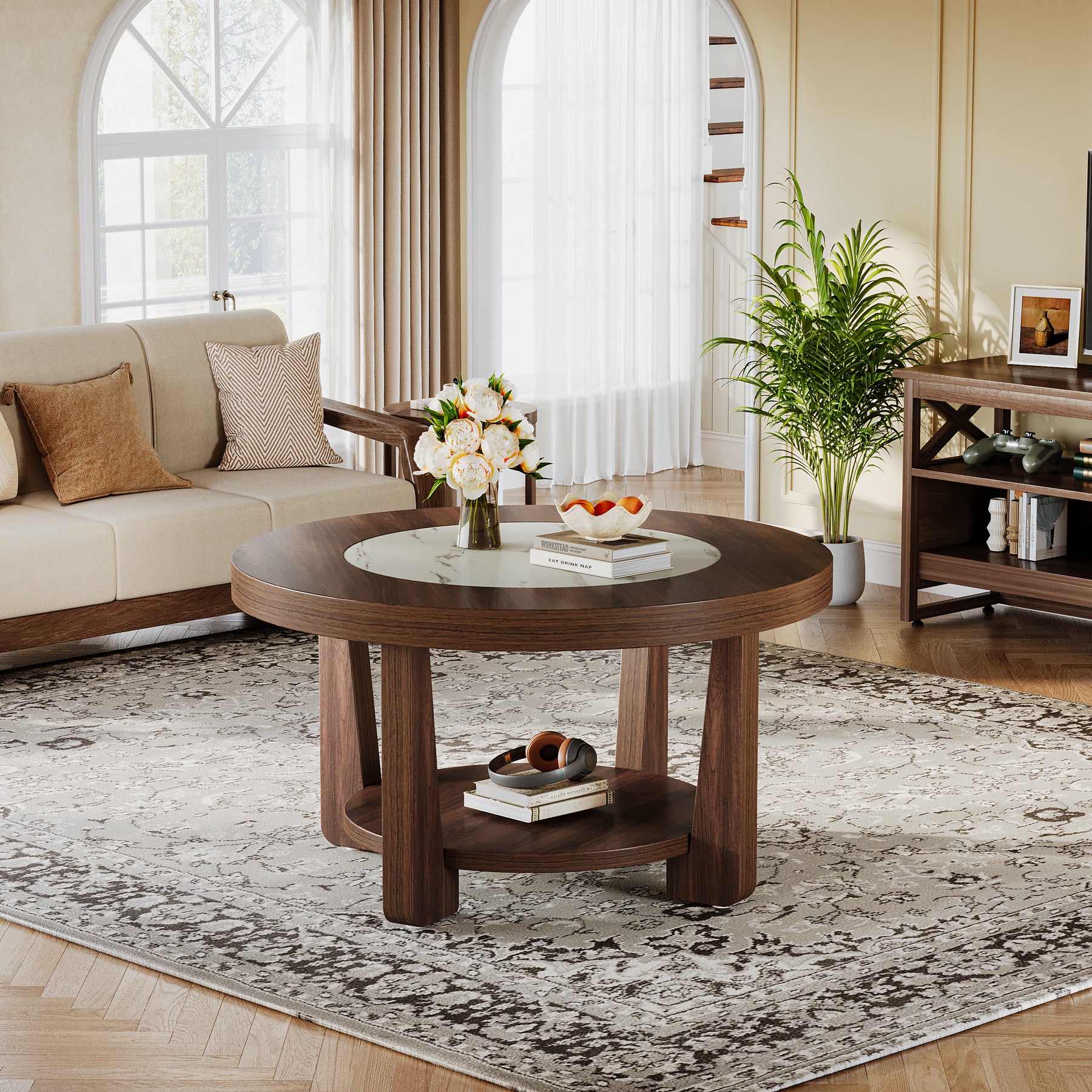 2-Tier Coffee Table, Round Accent Center Table with Heavy-Duty Tabletop