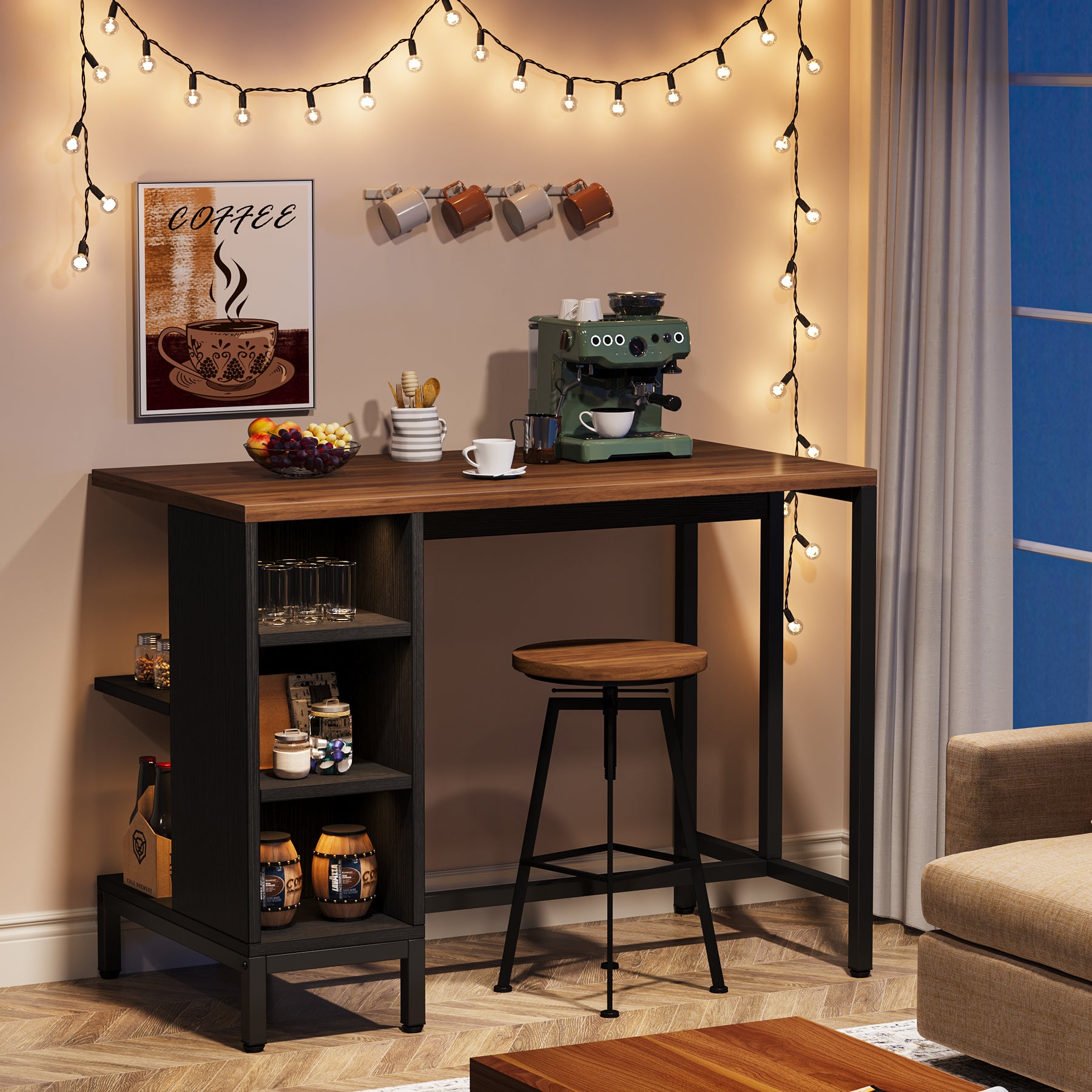 Industrial Kitchen Island, Shelf Bar Table with 5 Open Storage Shelves and Spacious Worktop