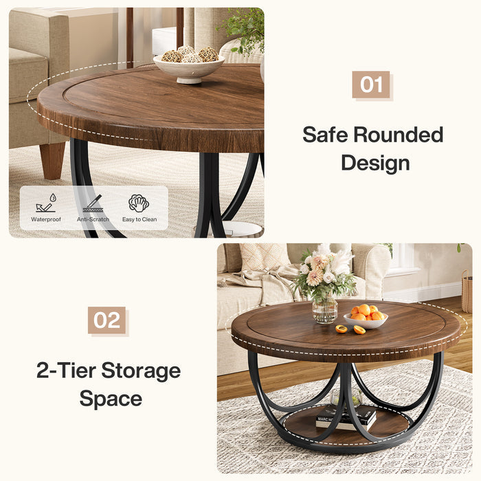 80 cm Round Coffee Table with Storage Shelf, 2-Tier Centre Table with Metal Frame in Industrial Style