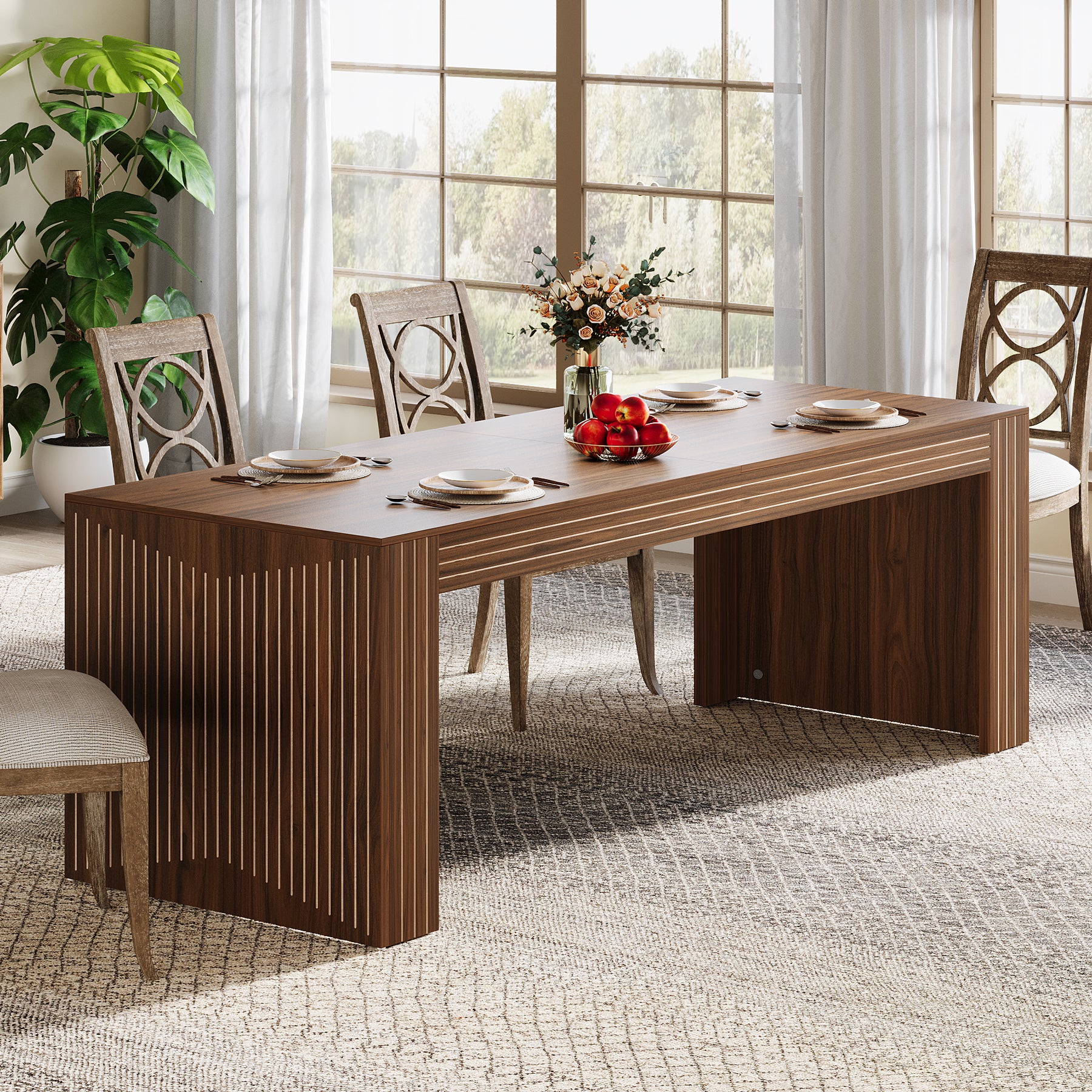 200cm Large Walnut Dining Table for 6-8, Rectangular Modern Farmhouse Table with Heavy-Duty Pedestal