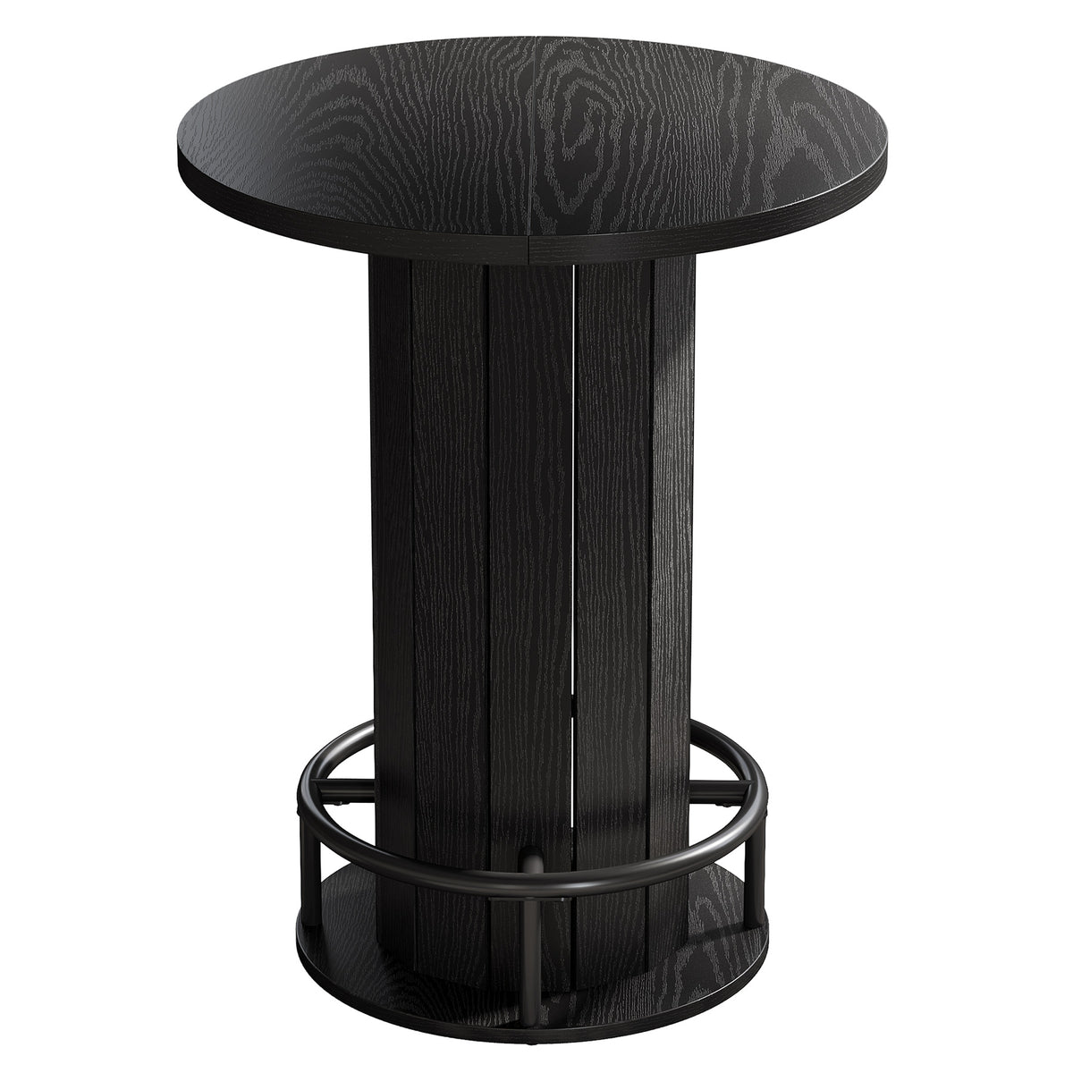 Round Bar Table for 2–4 People, Walnut Finish with Metal Footrest