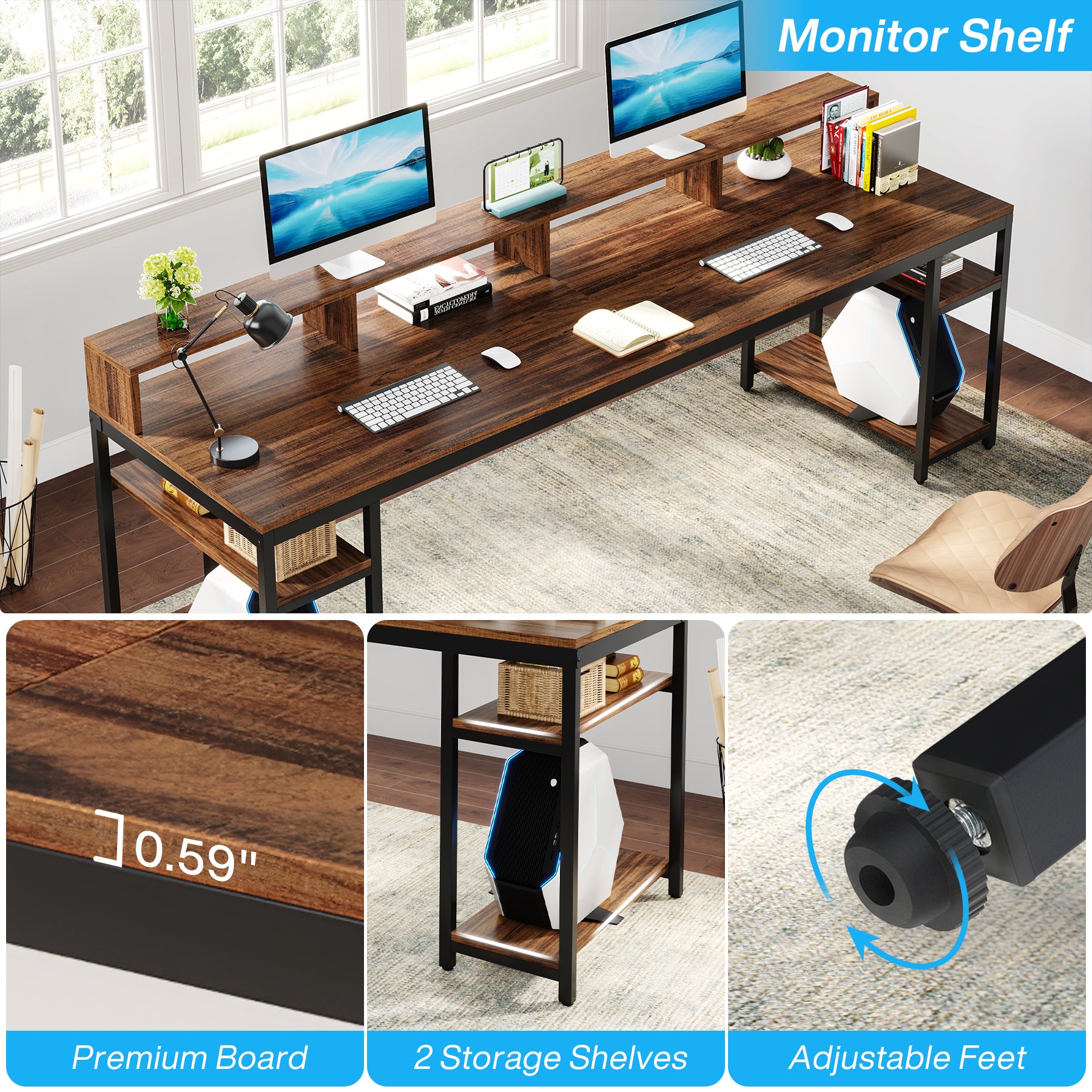 200 cm Two-Person Desk, Long Computer Desk with Monitor Stand and Storage Shelves