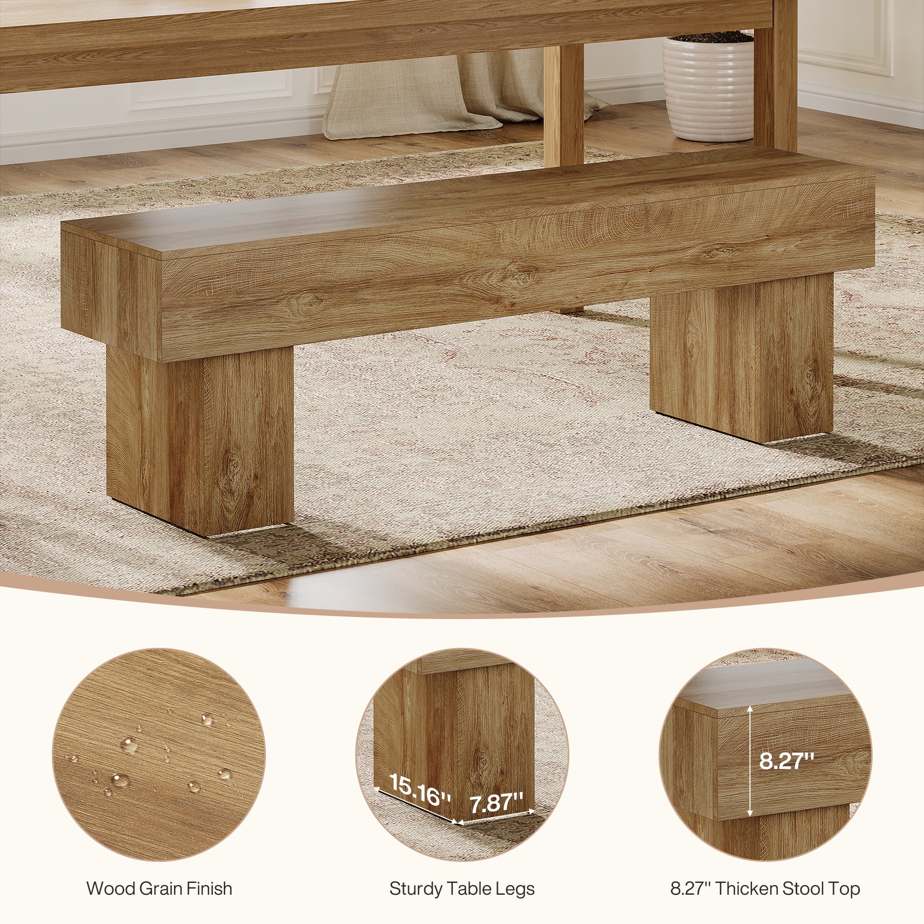 160cm Long Farmhouse Bench, Wooden End of Bed & Entryway Bench for Living Room or Dining Room