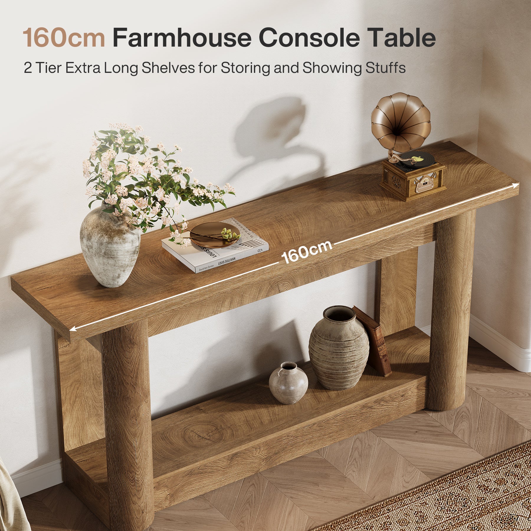 160cm Farmhouse Console Table, Narrow 2-Tier Sofa Table for Entryway & Living Room