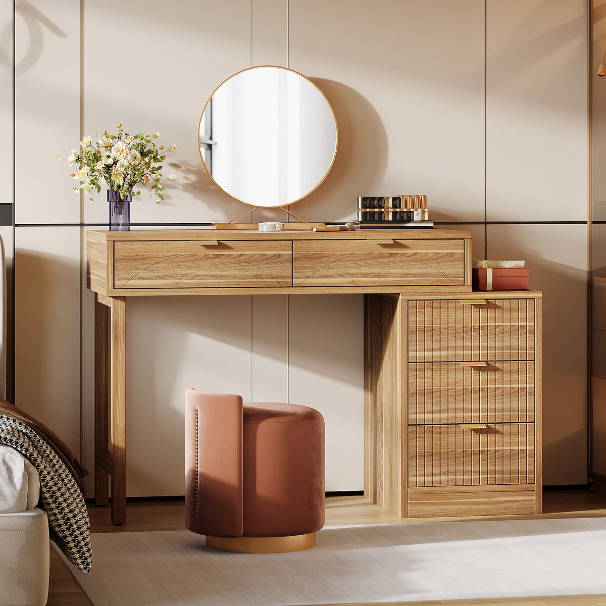 Walnut Brown Vanity Desk with 5 Drawers, Reversible Dressing Table