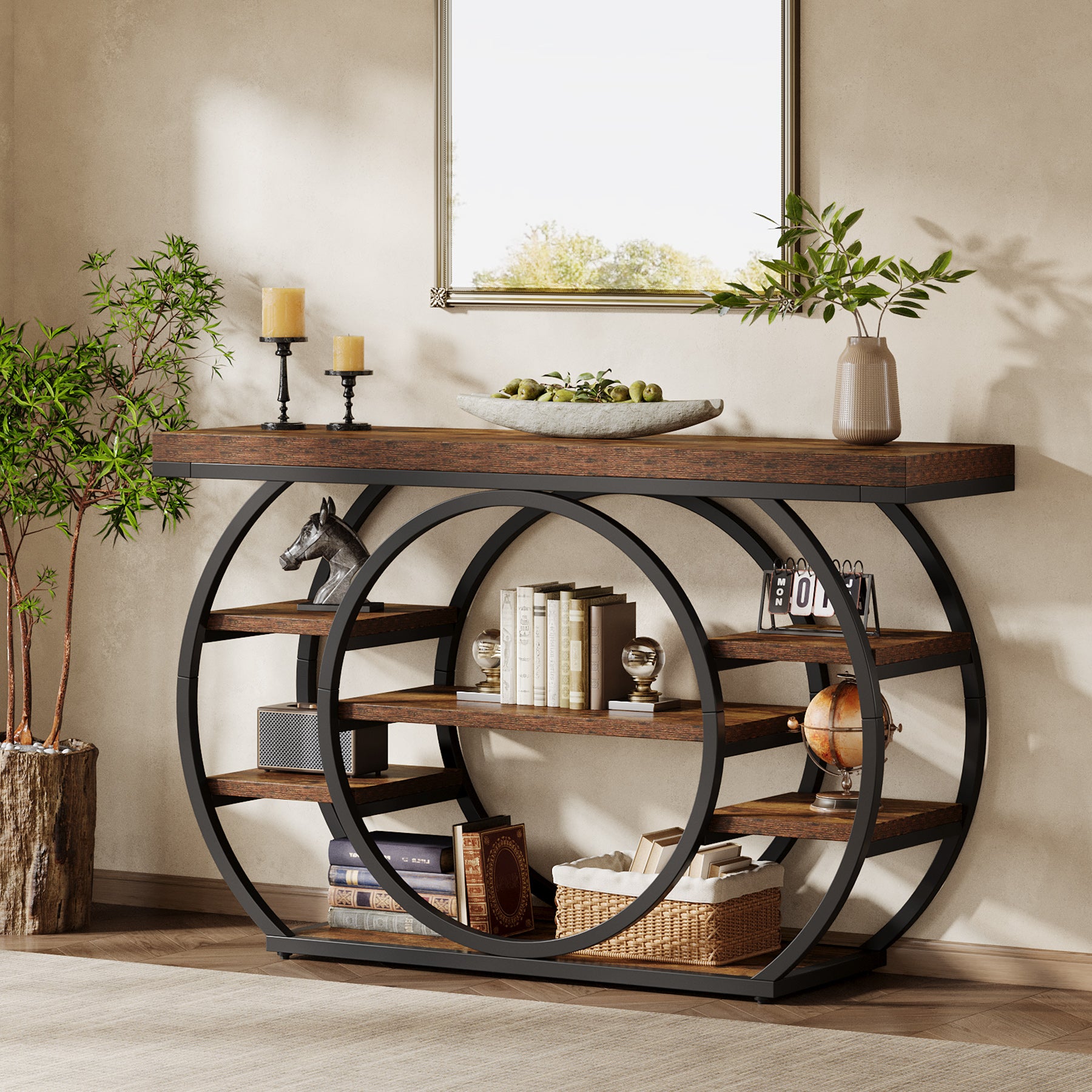 120cm Console Table, 5-Tier Industrial Entryway Table with Metal Frame, Narrow Sofa Table Behind Couch