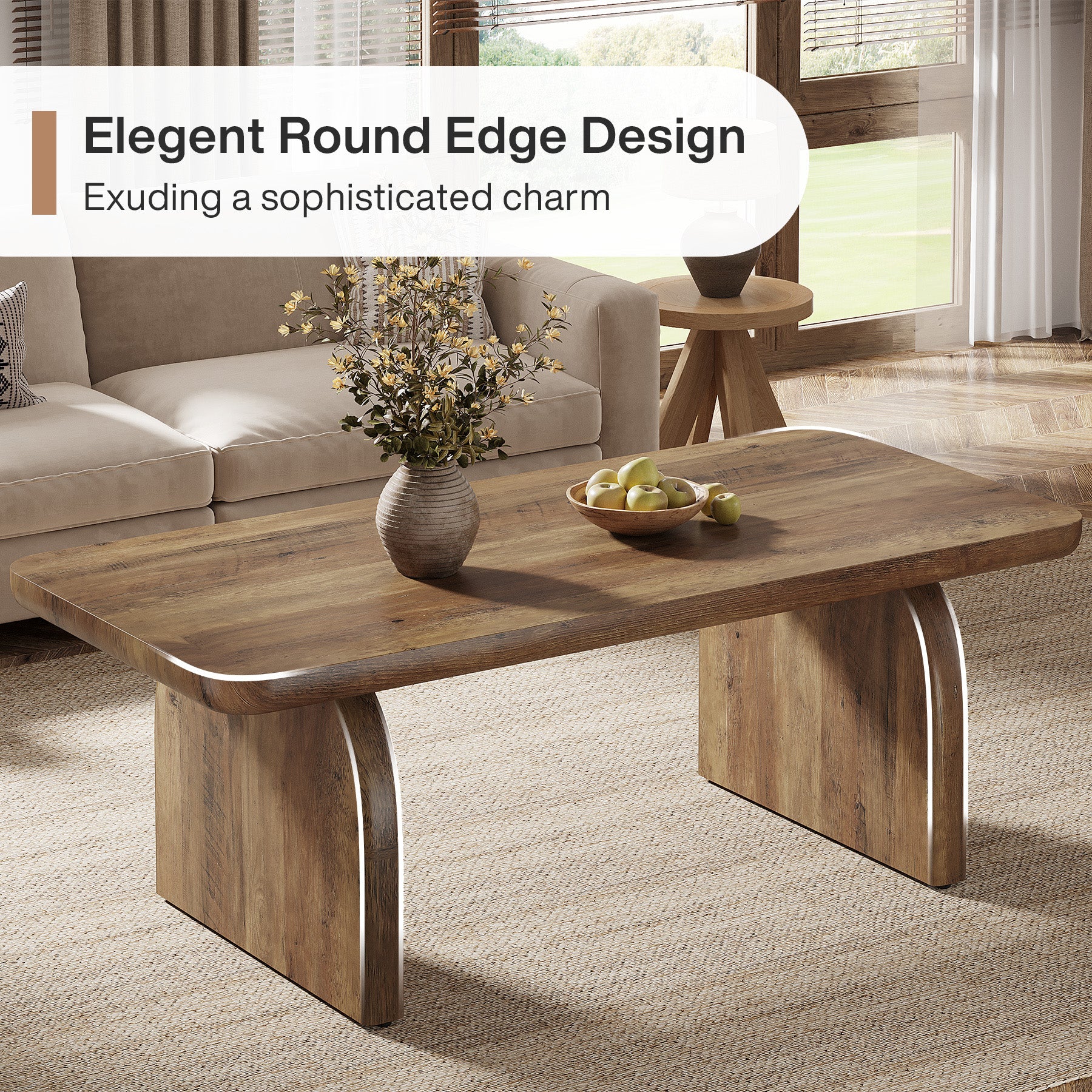 120cm Farmhouse Coffee Table, Rectangular Wooden Centre Table with Rounded Corners