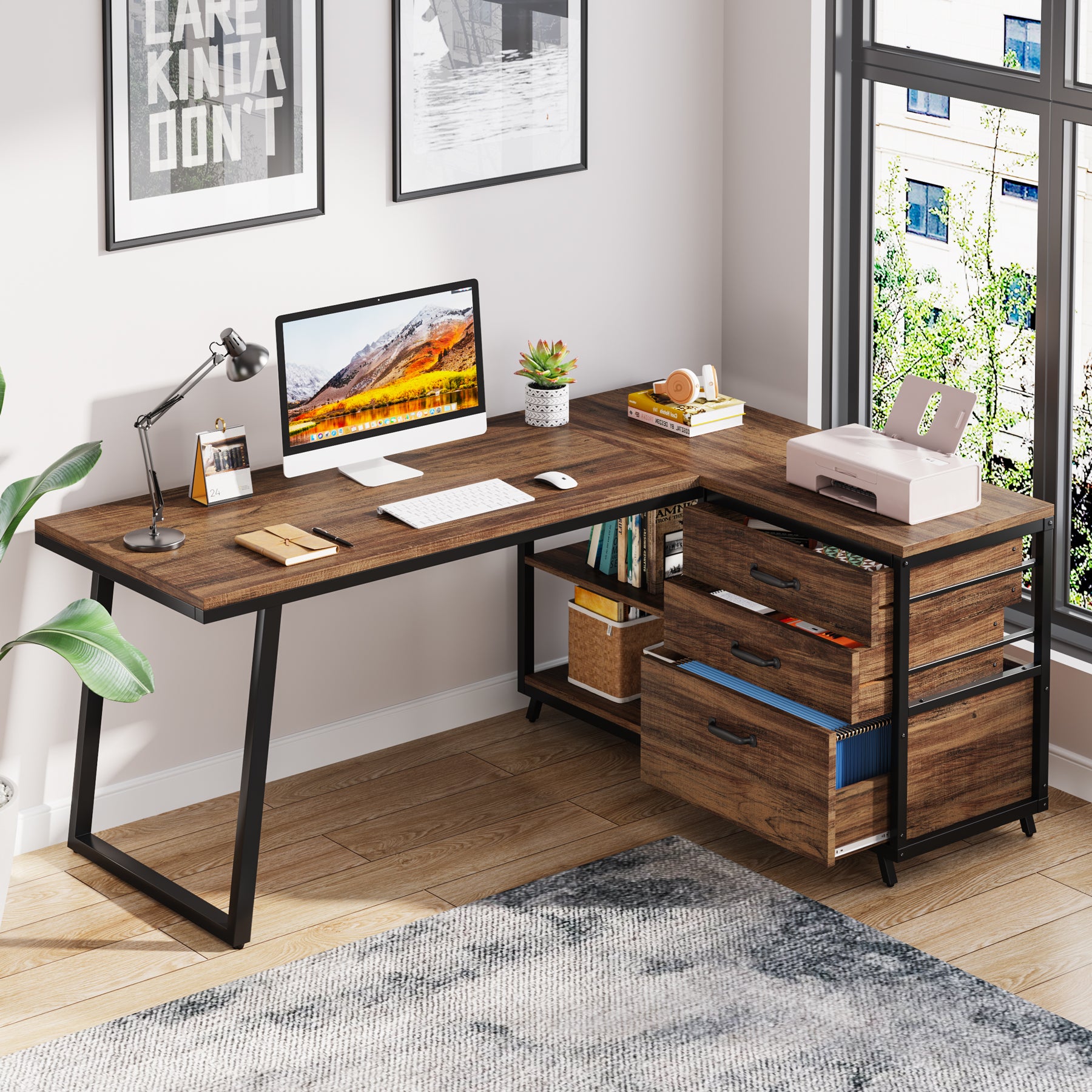 53" Reversible L-Shaped Computer Desk With 3 Drawers & Shelves