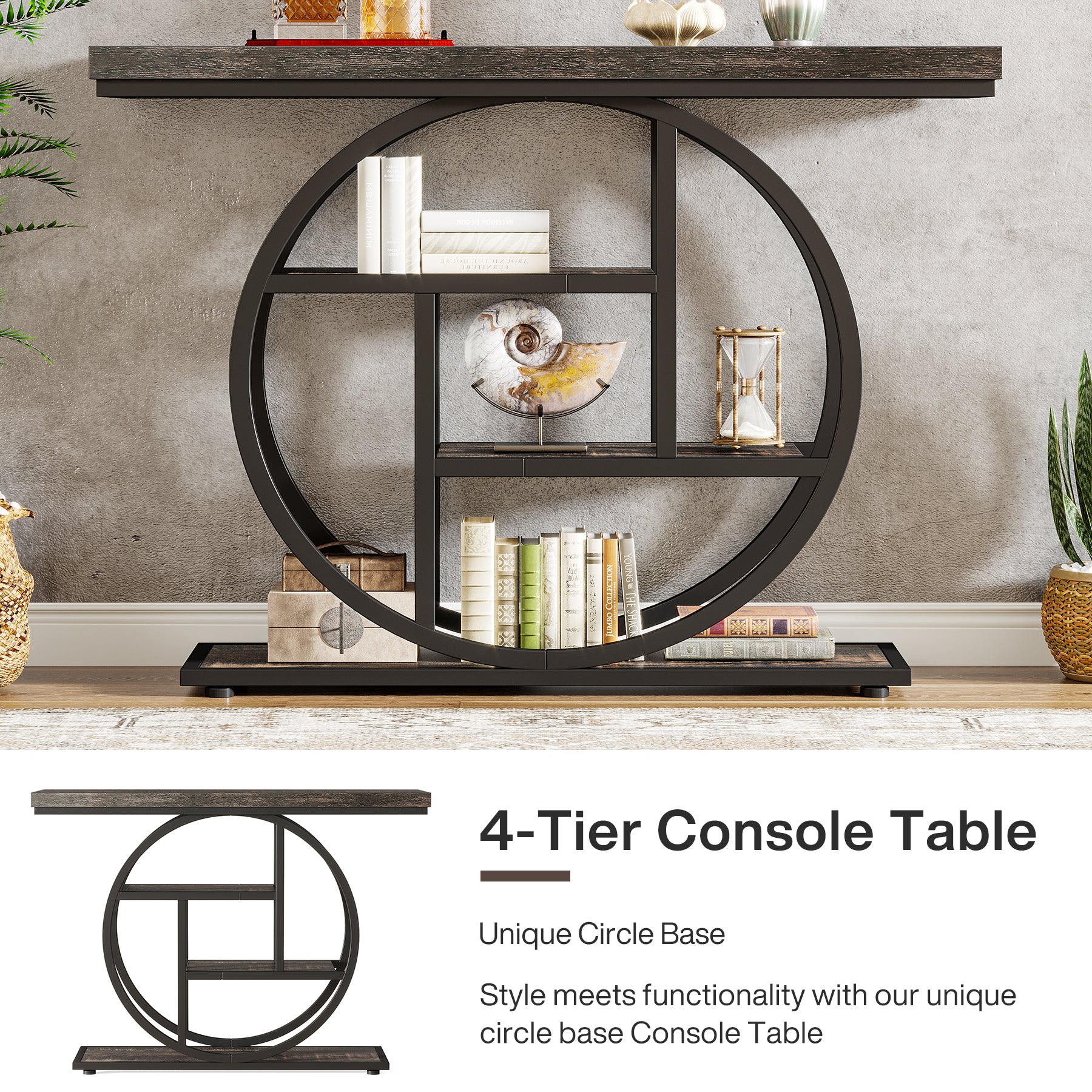105cm Console Table, Industrial 4-Tier Sofa Entryway Table with Circle Base
