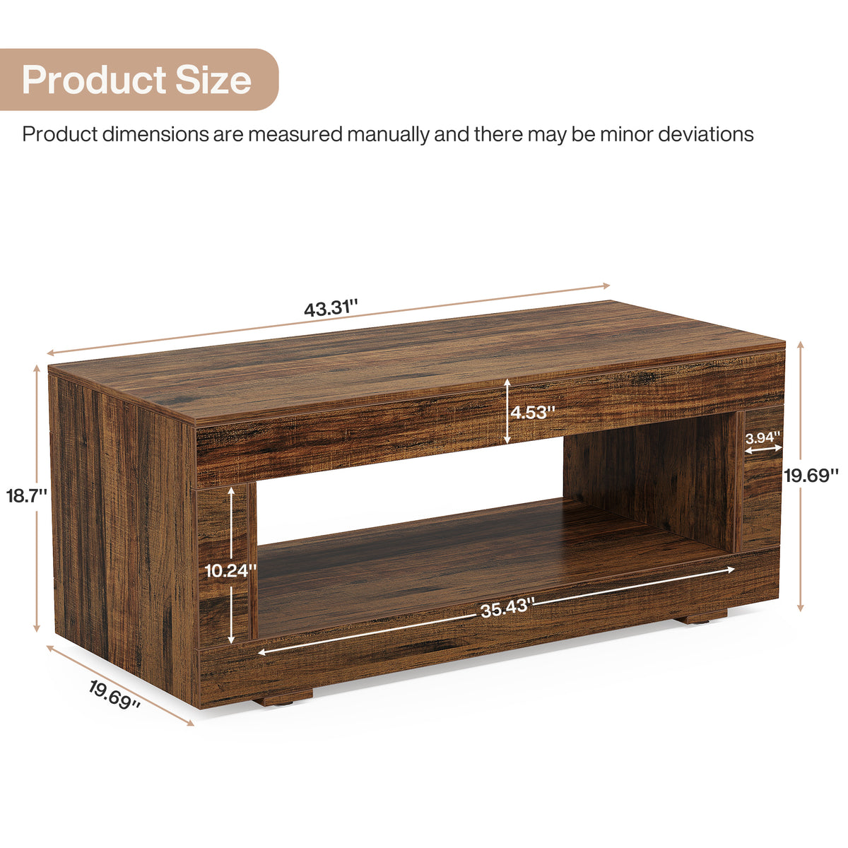 110 cm Rectangular Coffee Table with Shelf, Brown Living Room Table