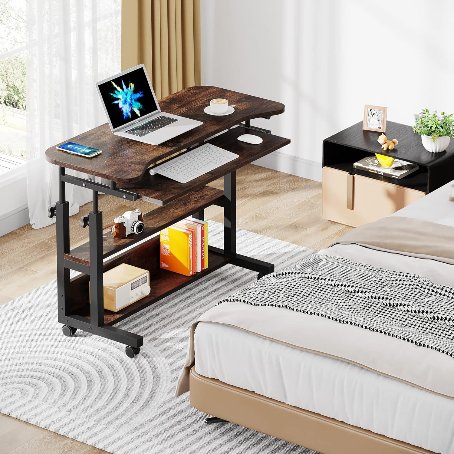 90 cm Portable Desk, Height Adjustable Side Table with Power Outlets