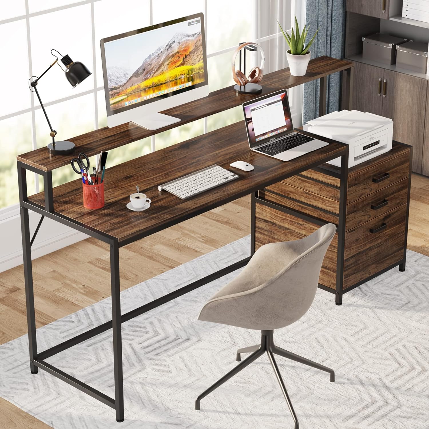 160 CM Computer Desk, Office Desk with Monitor Stand and File Drawer Cabinet
