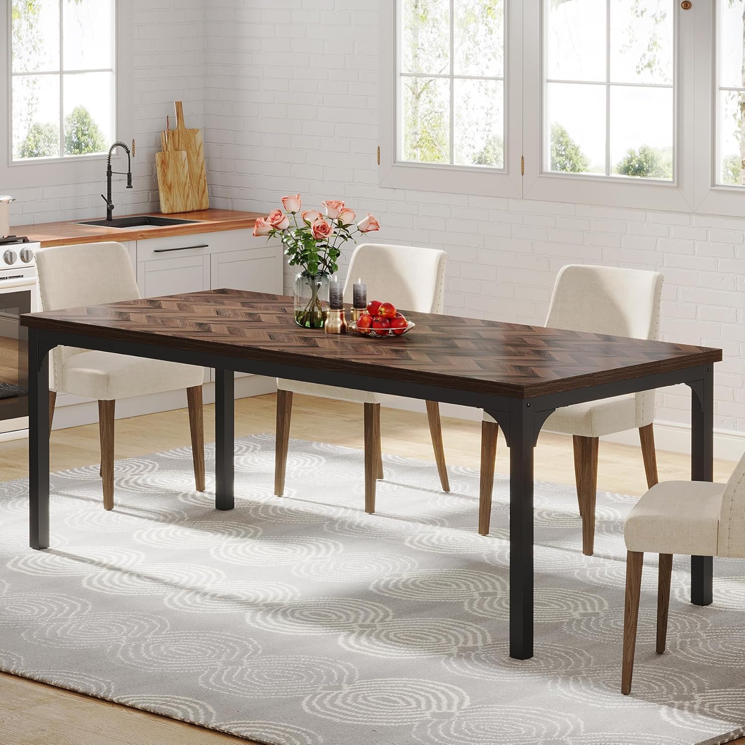 180cm Dining Table, Rectangular Wooden Kitchen Table for 6-8