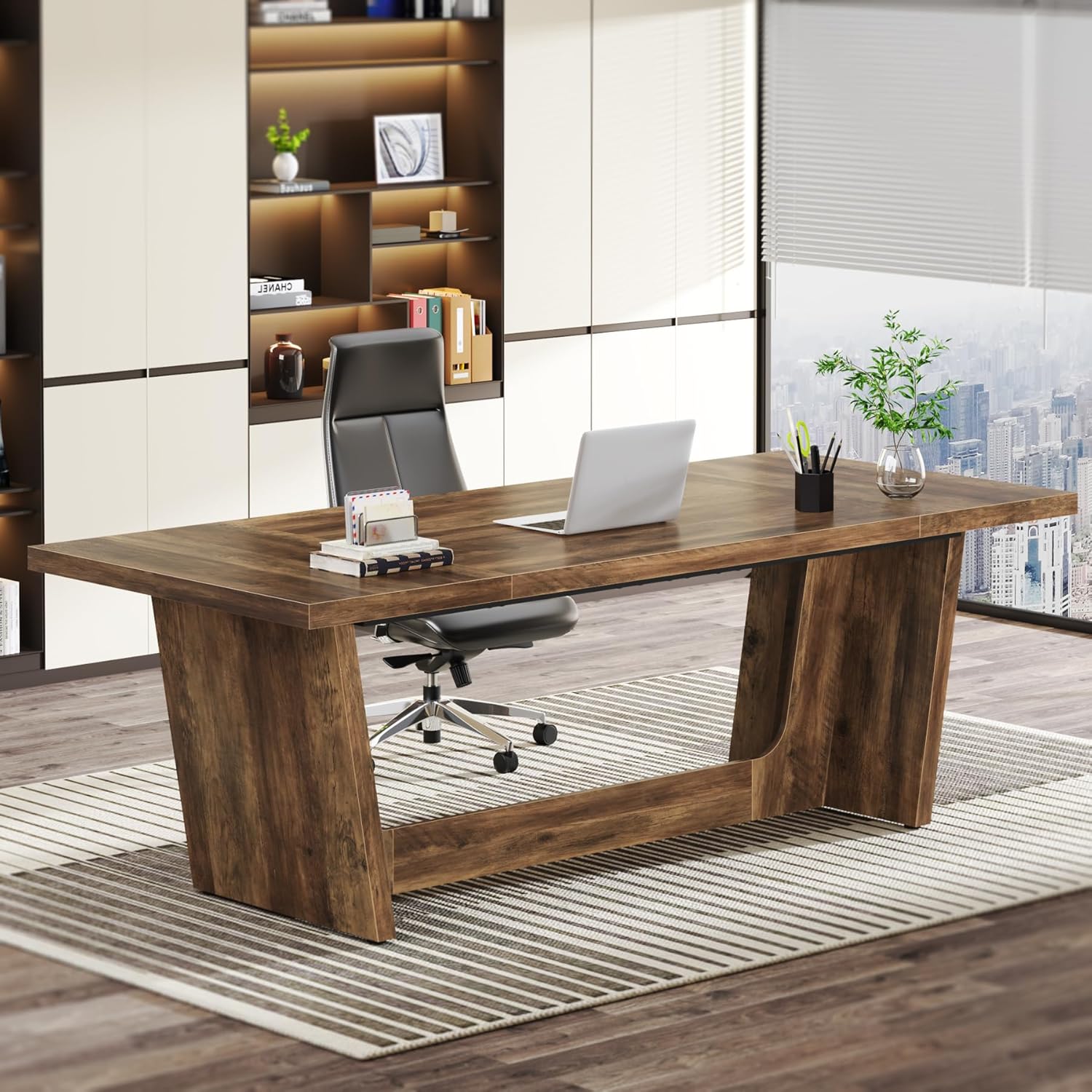 70.8" Executive Desk, Home Office Computer Desk with Solid Wooden Pedestal