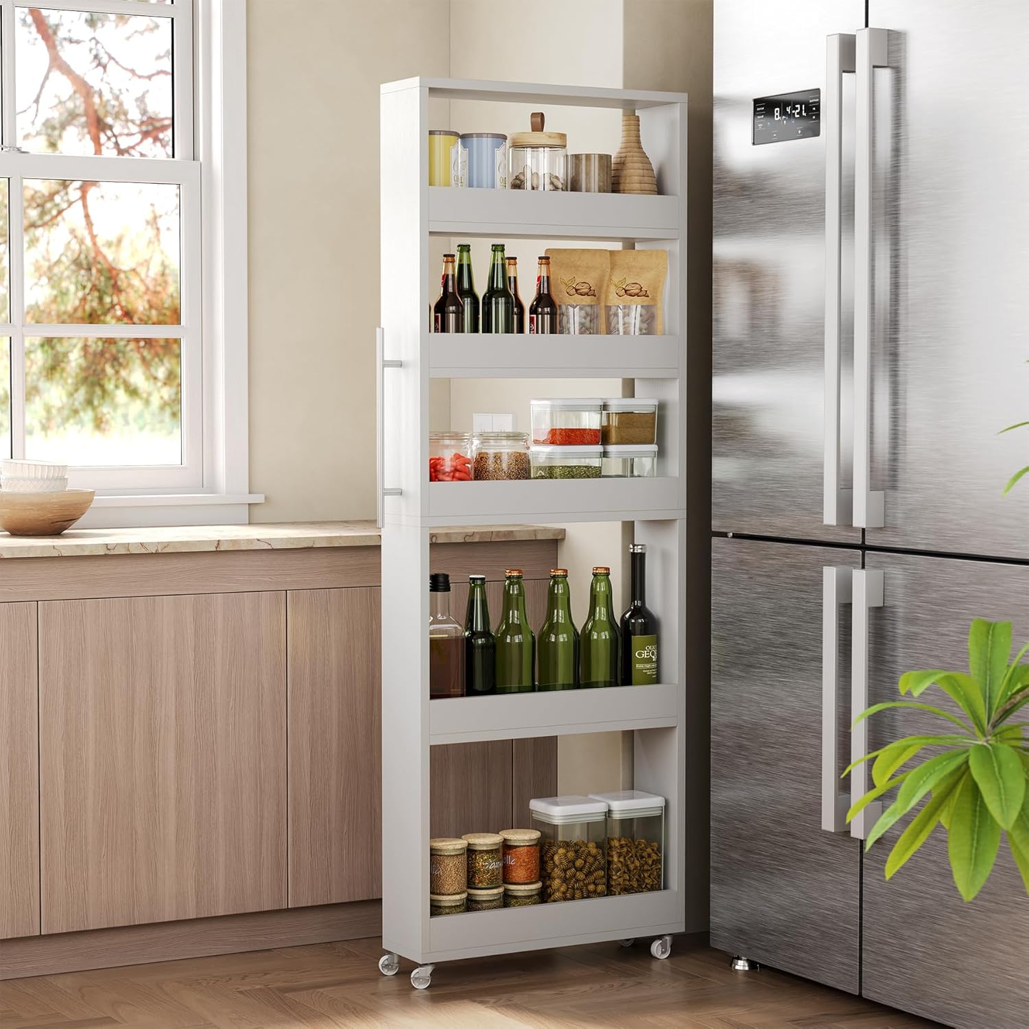 160cm Slim Storage Cart on Wheels, 5-Tier Narrow Rolling Shelf Organizer for Kitchen & Dining Room