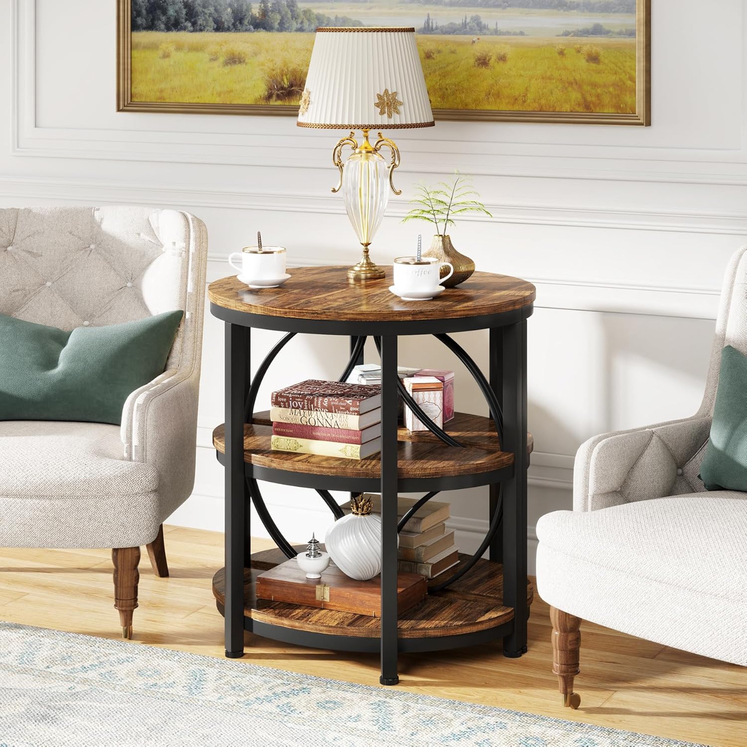 60CM End Table, 3-Tier Half Round Side Table with Storage Shelves