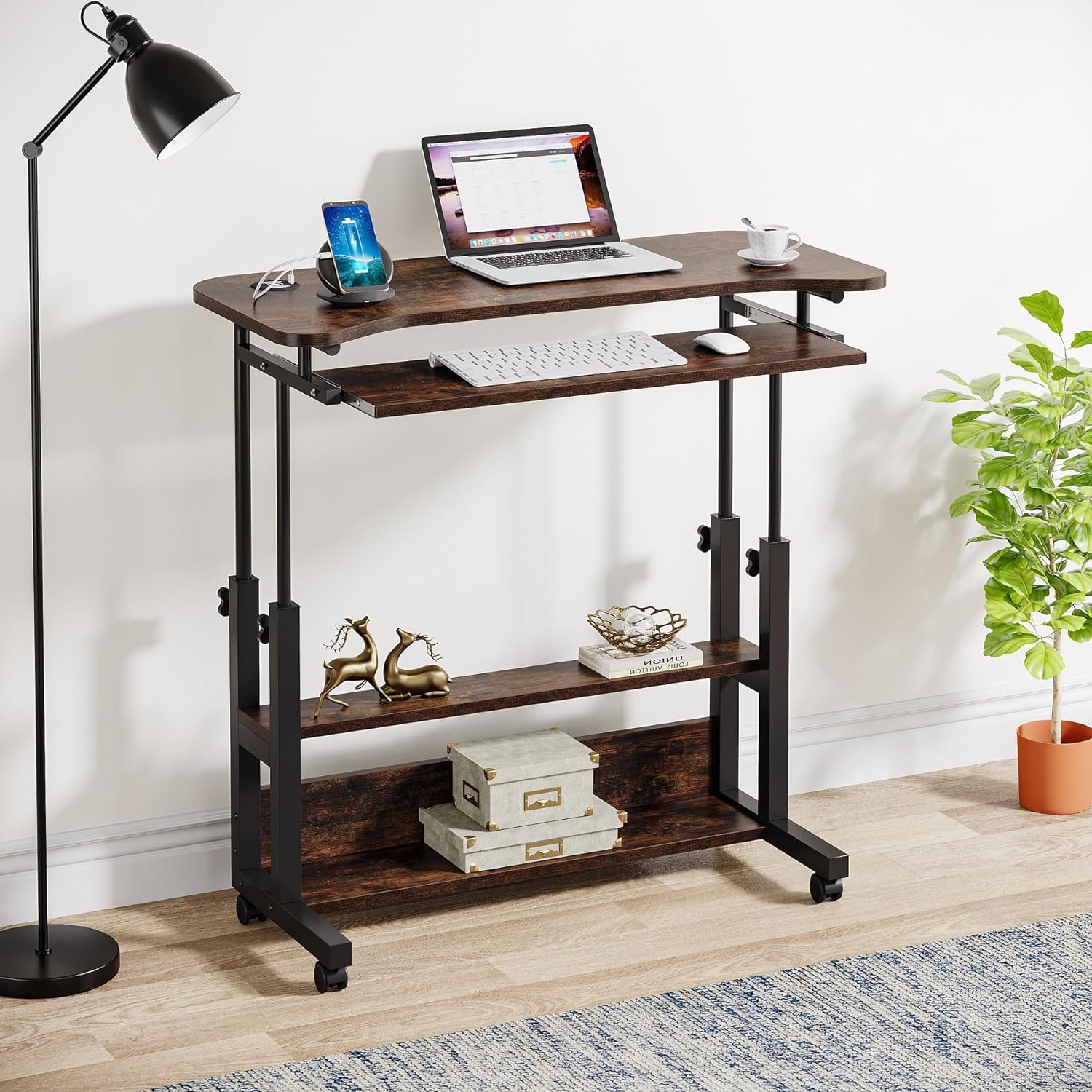 90 cm Portable Desk, Height Adjustable Side Table with Power Outlets