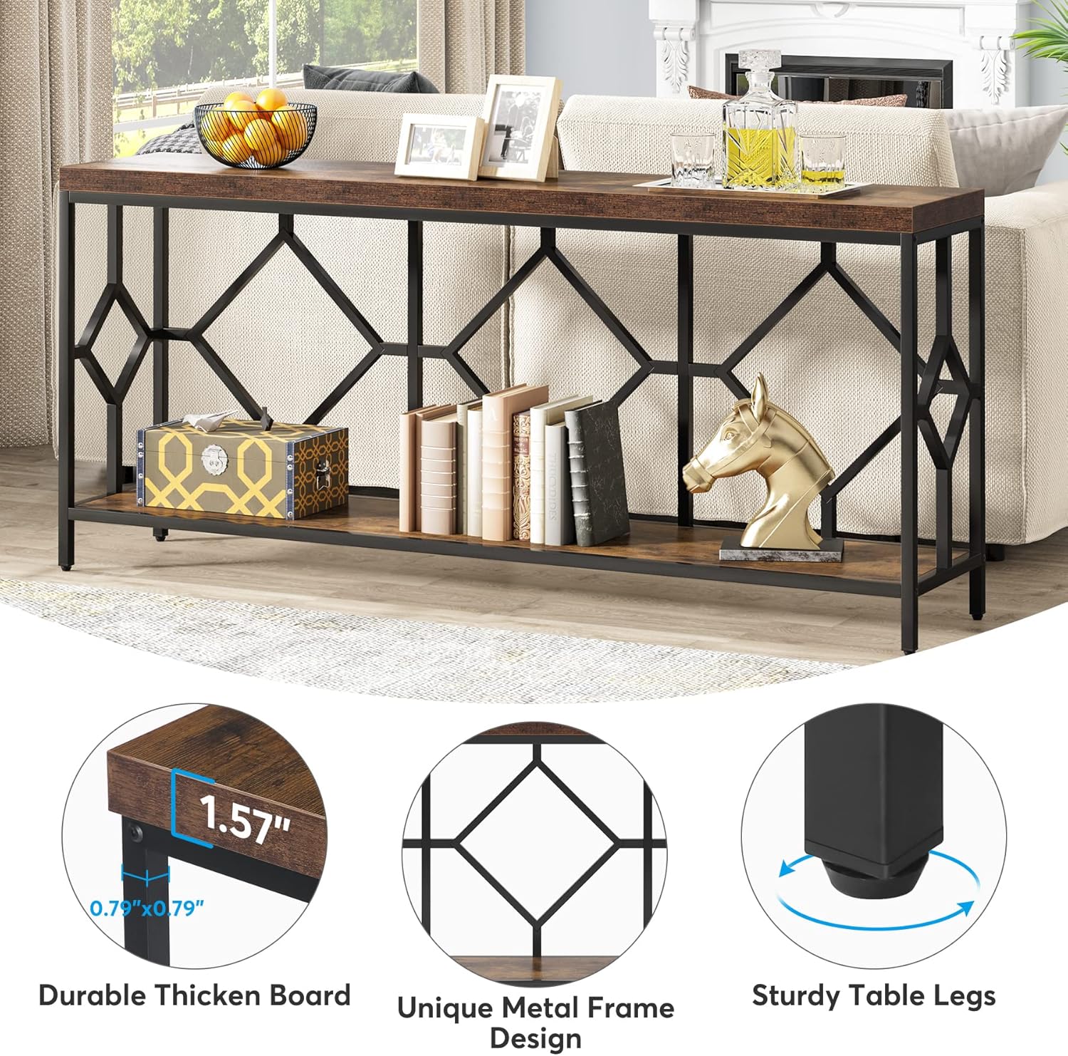 180cm Console Table, Industrial Sofa Table Hallway Table with Open Storage Shelf
