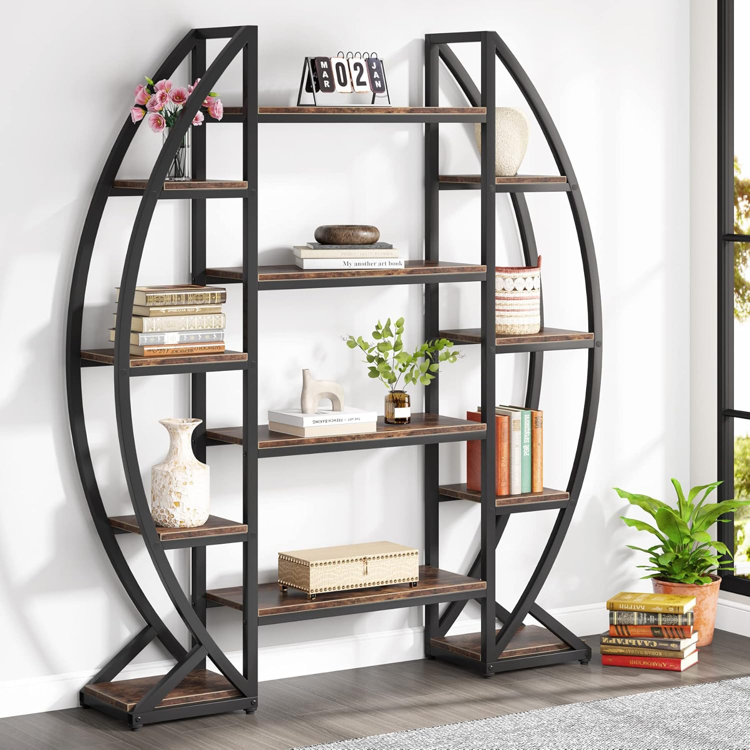 140 CM Bookshelf, 5-Tier Oval Bookcase Etagere Display Shelves