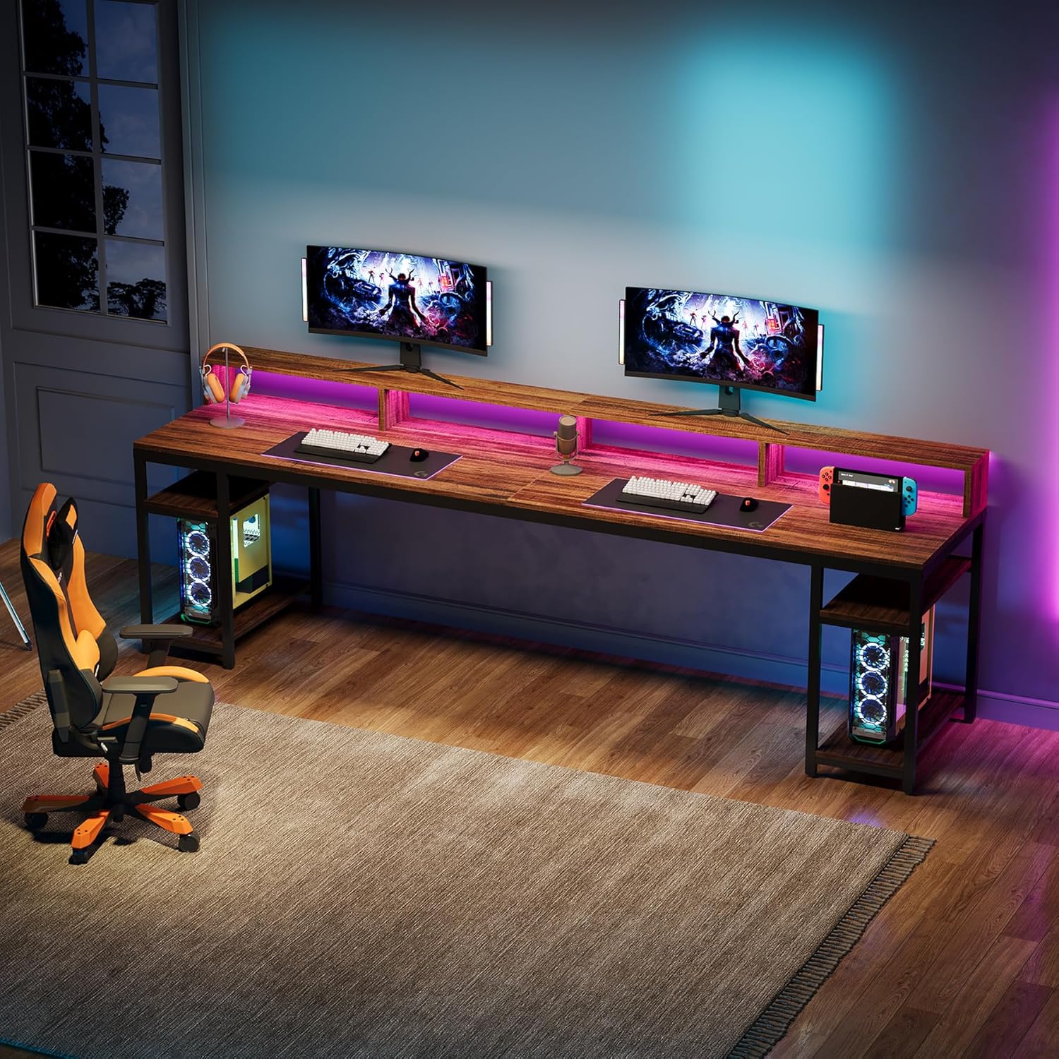 200 cm Two-Person Desk, Long Computer Desk with Monitor Stand and Storage Shelves