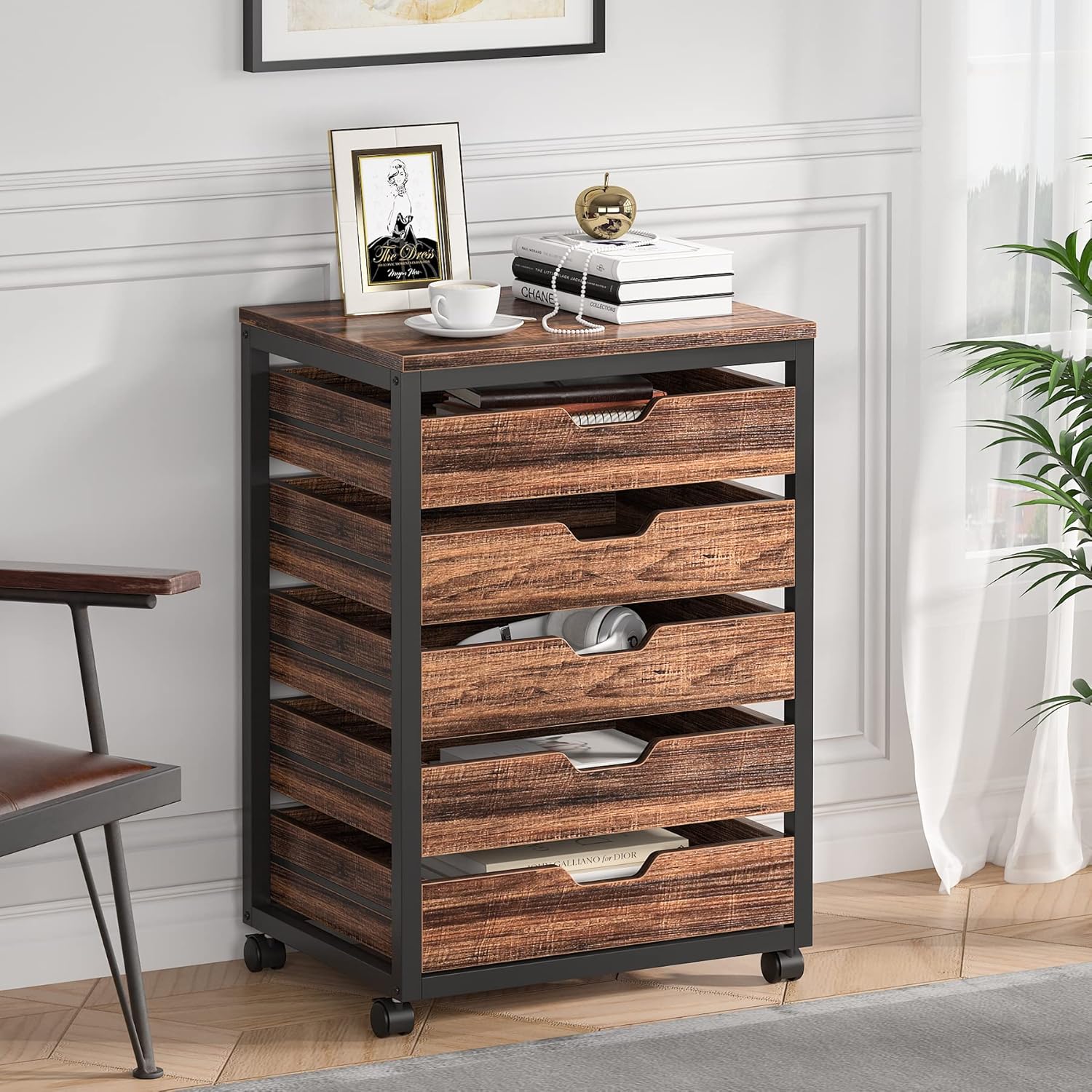 5-Drawer Chest, Industrial Storage Drawer Dresser Cabinet with Wheels