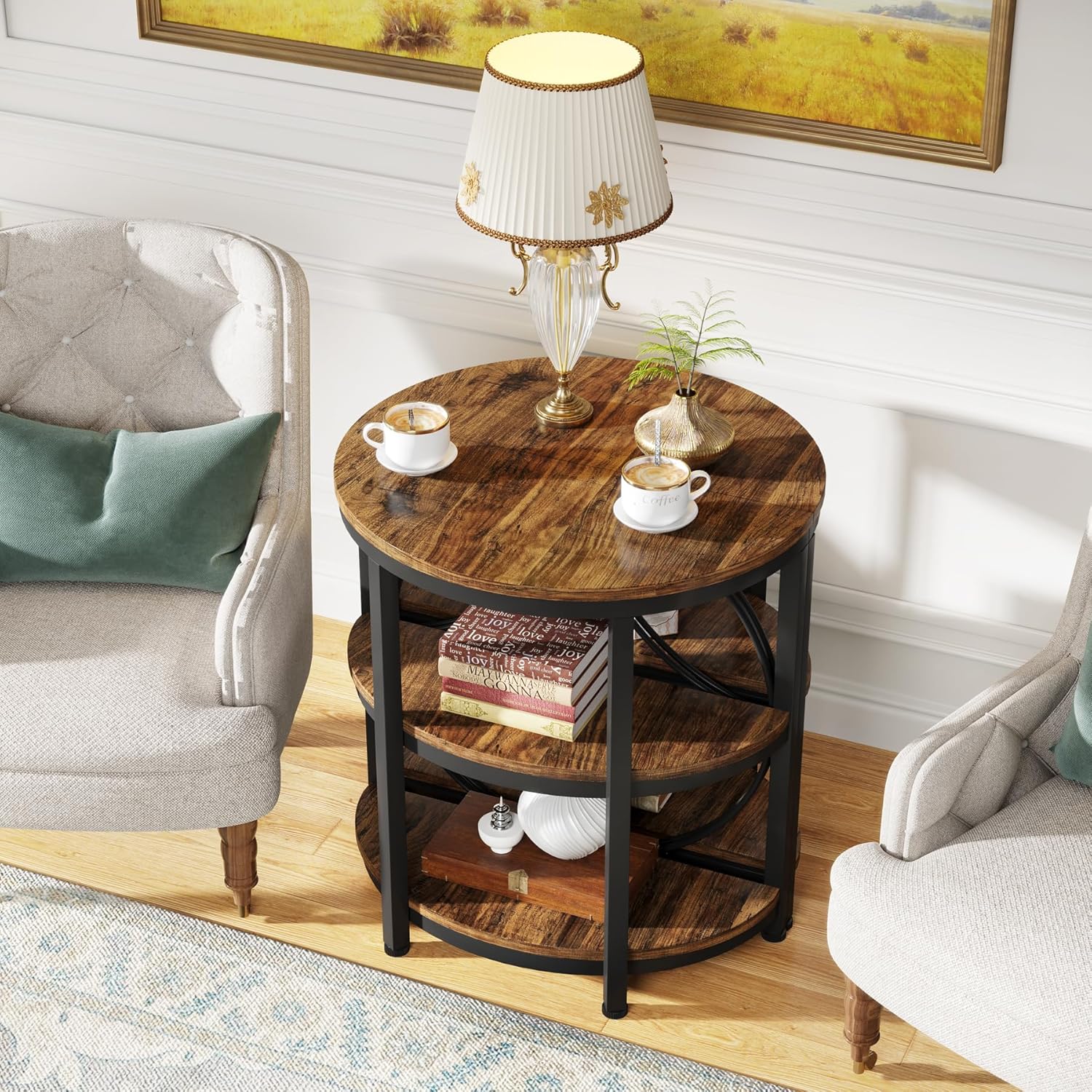 60CM End Table, 3-Tier Half Round Side Table with Storage Shelves